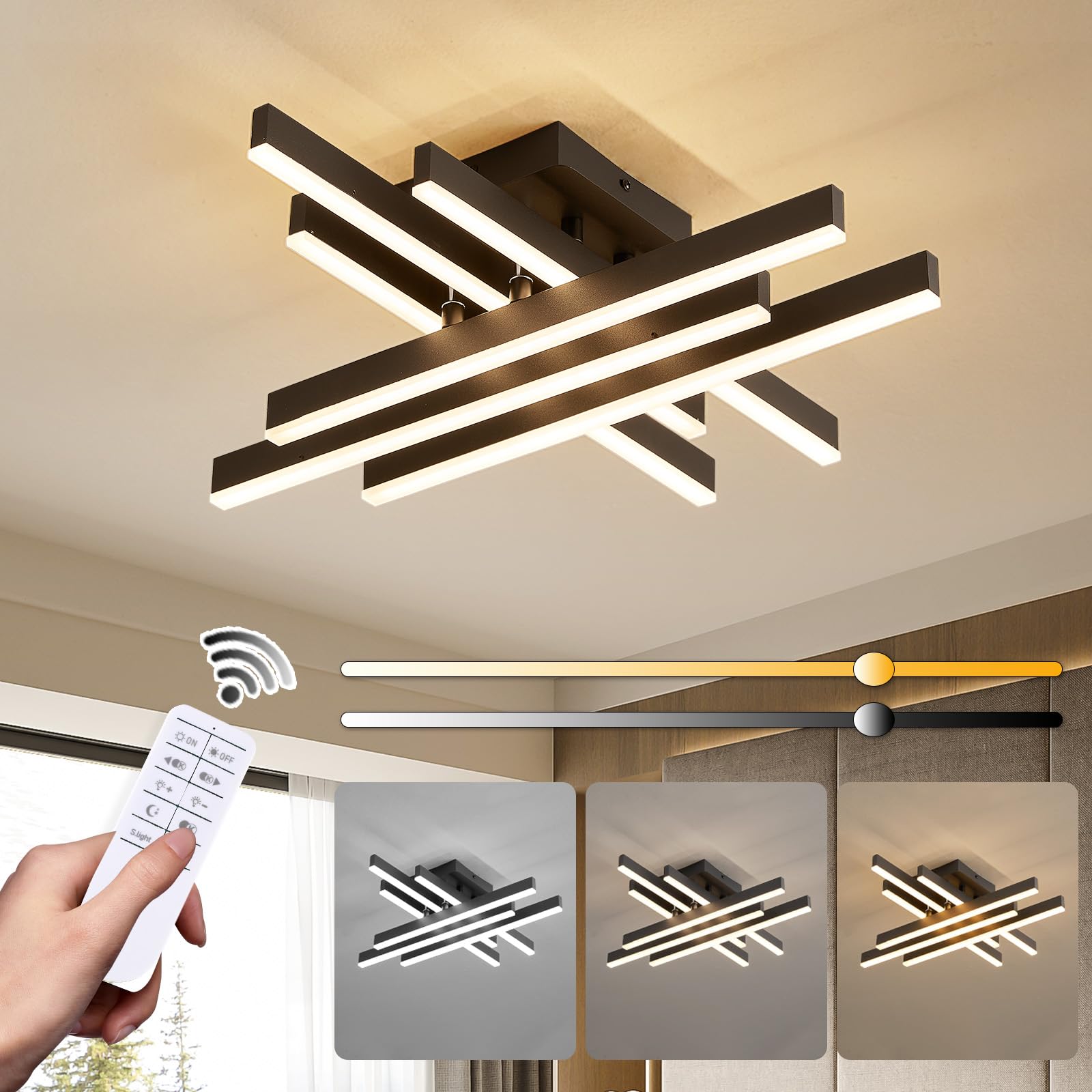 ORANOOR Modern LED Ceiling Light Flush Mount, 19in Dimmable Black LED Ceiling Light with Remote for Bedroom Kitchen Living Dinin