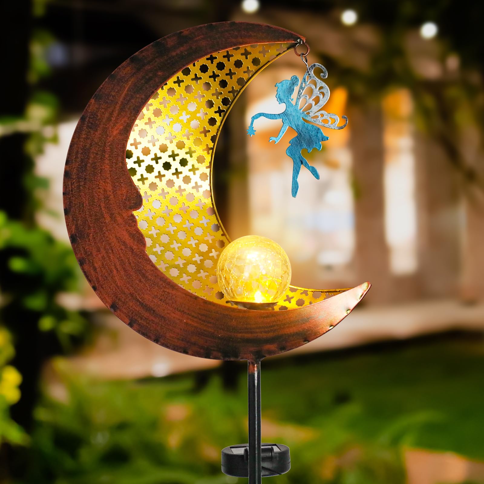 Bshine Moon Solar Light Outdoor Garden Decor  Moon Fairy Garden Statue Christmas Outdoor Decor Metal Waterproof Light Stake For Patio  Path  Yard And Lawn Ornament  Housewarming Gift For Mom Bronze