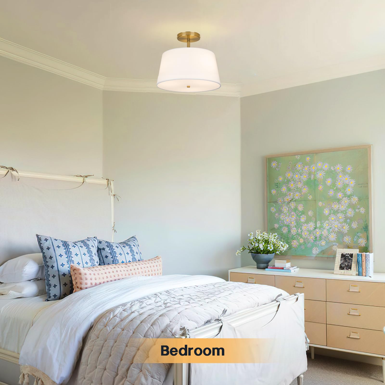 Calokes Modern Cone-Shaped Semi Flush Mount Ceiling Light Fixture, 3-Light Drum Lamp With Gold Brass Finish And White Fabric Sha