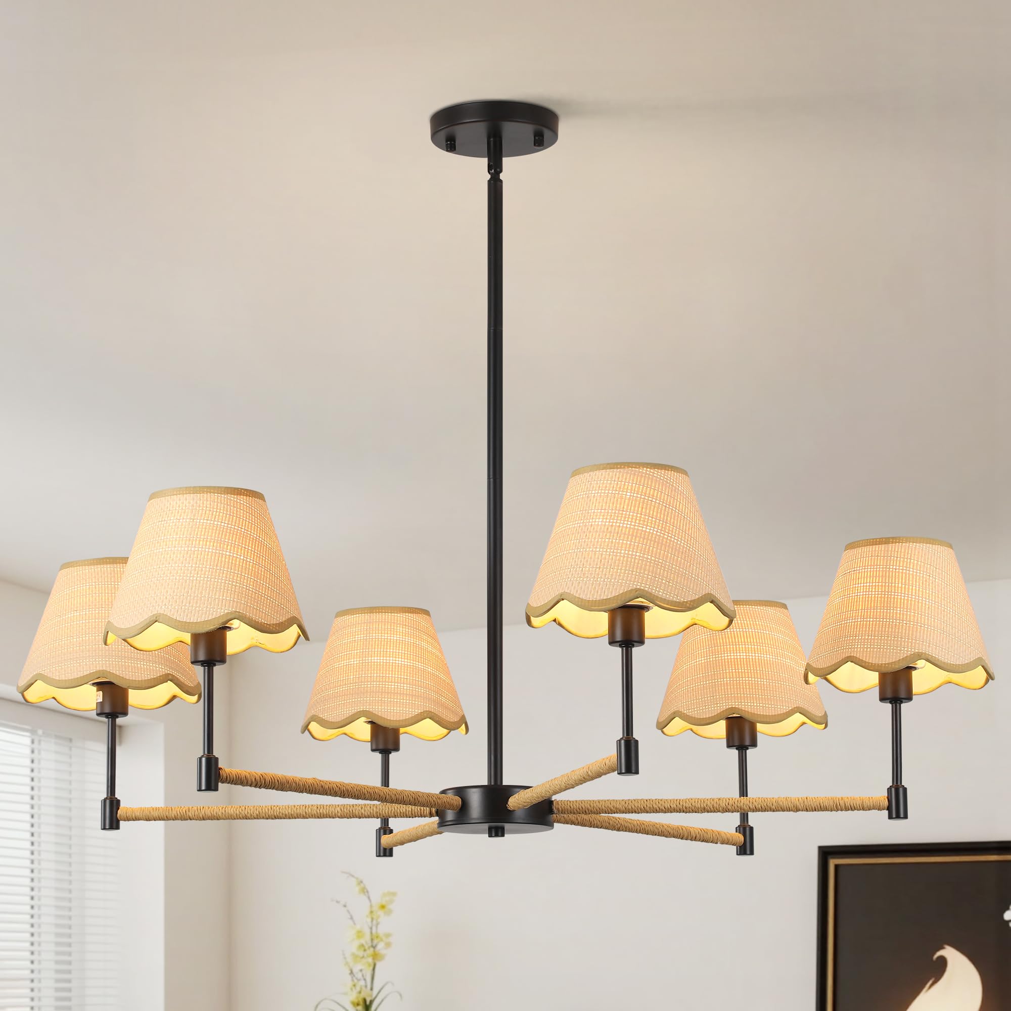 Zxfdwb Boho Rattan Farmhouse Chandelier  6-Light Modern Large Black Pendant Light  Rustic Adjustable Hanging Lighting Fixture For Dining Room  Kitchen Island Living Room