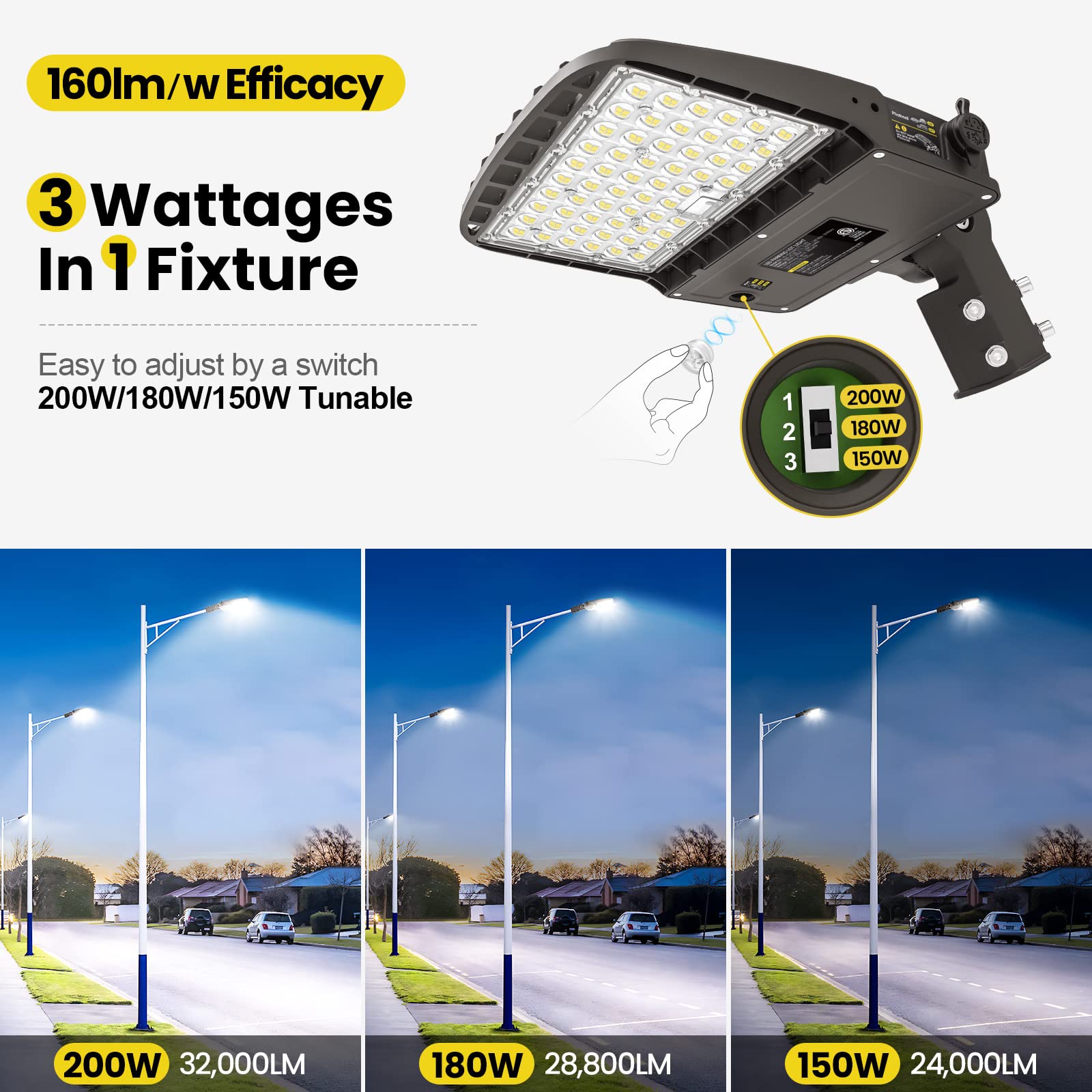 Yarbo 200W Led Parking Lot Light 180W 150W Tunable, 32000Lm (160Lm/W) 5000K Parking Lot Light, Adjustable Slip Fitter, Dimmable Led Shoebox Light With Dusk To Dawn Photocell, Outdoor Street Pole Light