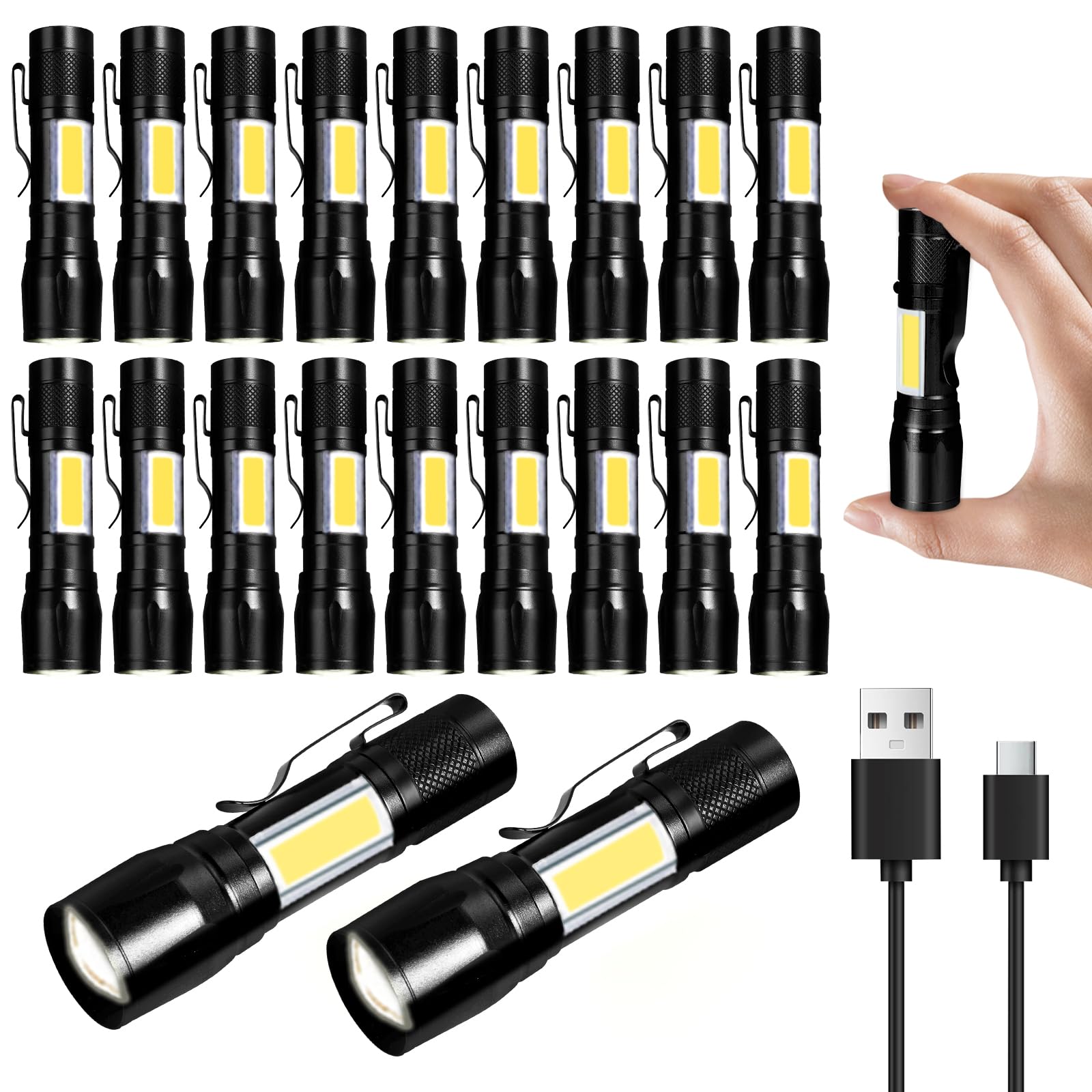 KunHe 20 Pack Rechargeable Flashlights USB-C Mini LED Adjustable Focus Bright Clip-On EDC Flashlight with Side COB Light for Cam
