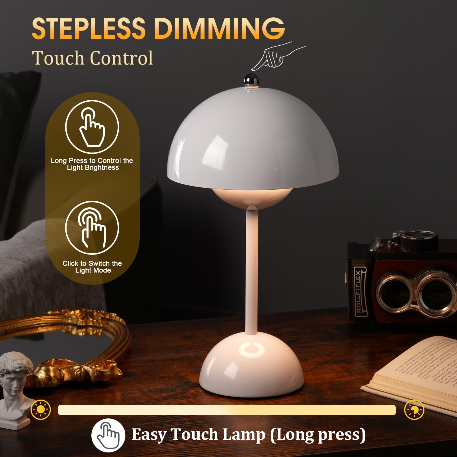 Flowerpot Lamp, Cordless Mushroom Table Lamp,3 Color Stepless Dimmable Touch Lamp, Rechargeable Battery Operated Portable Led Lamp, Small Lamp For Bedside, Night Light For Indoor Outdoor(White)