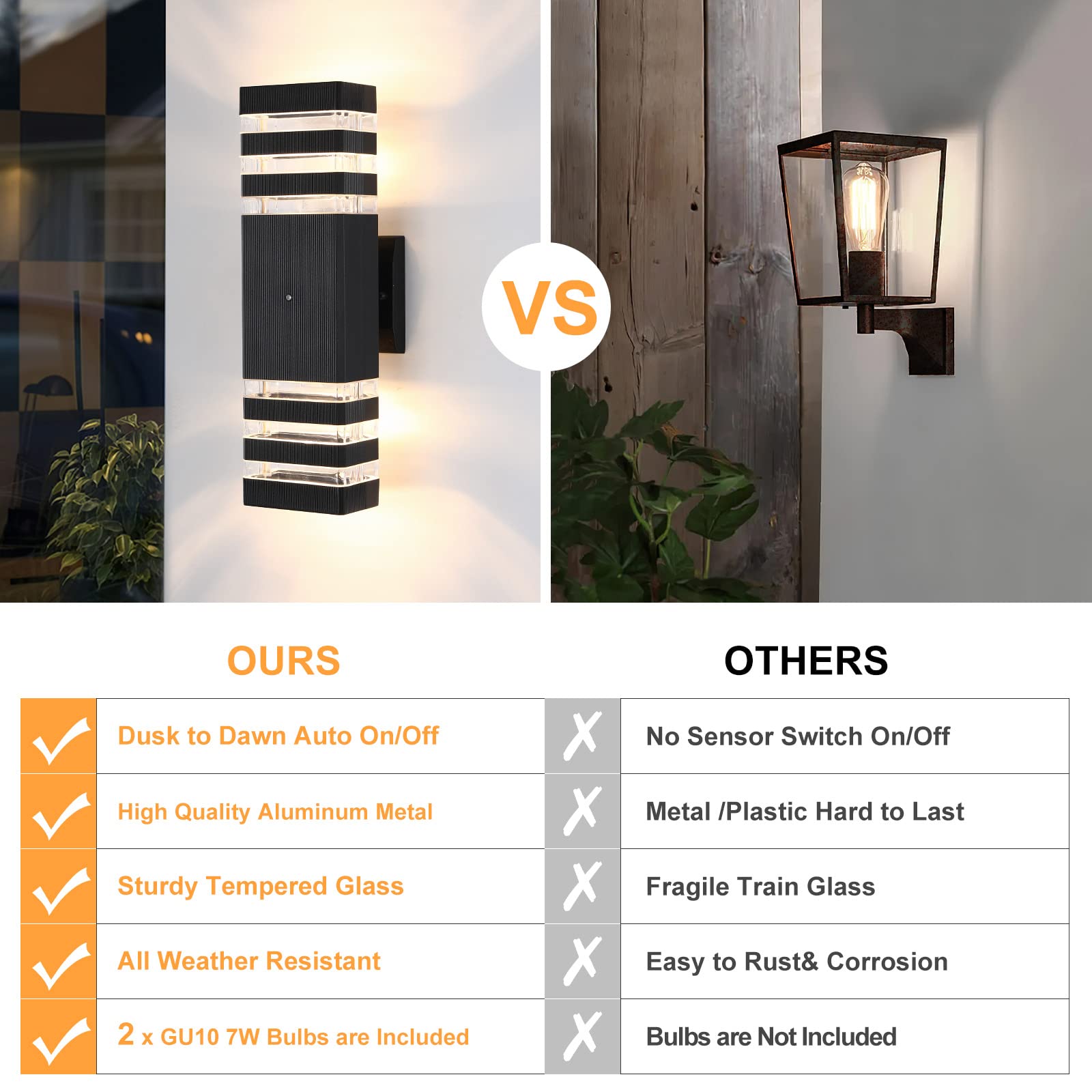 TEBLAMPUE Dusk to Dawn Outdoor Wall Sconces 2 Pack, 3000K Warm White, Anti-Rust, Black, Aluminum, Model TEBOWLS3-2