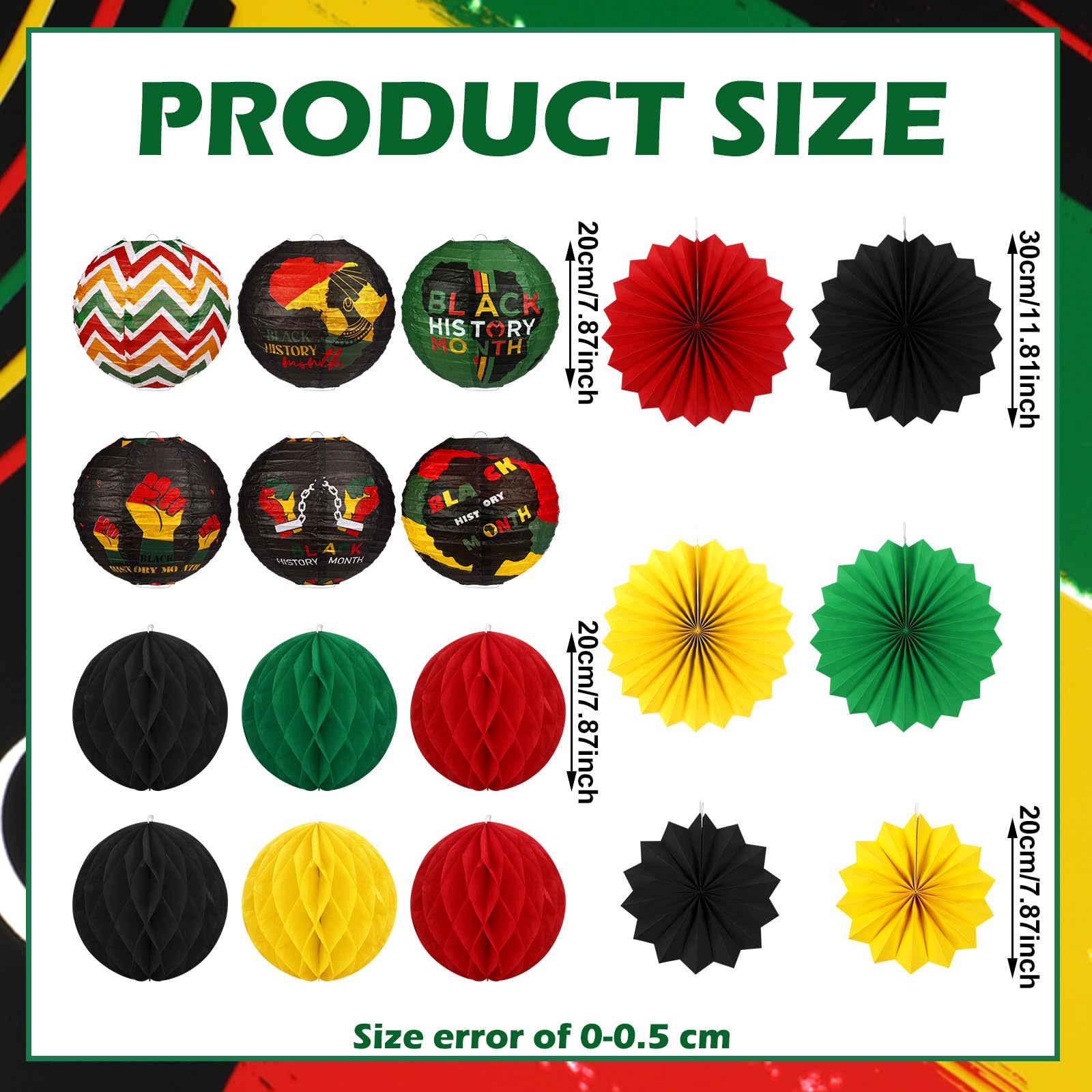 18 Pcs Black History Month Party Hanging Decoration Black Red Green Yellow Hanging Paper Lanterns Round Honeycomb Ball Paper Fan