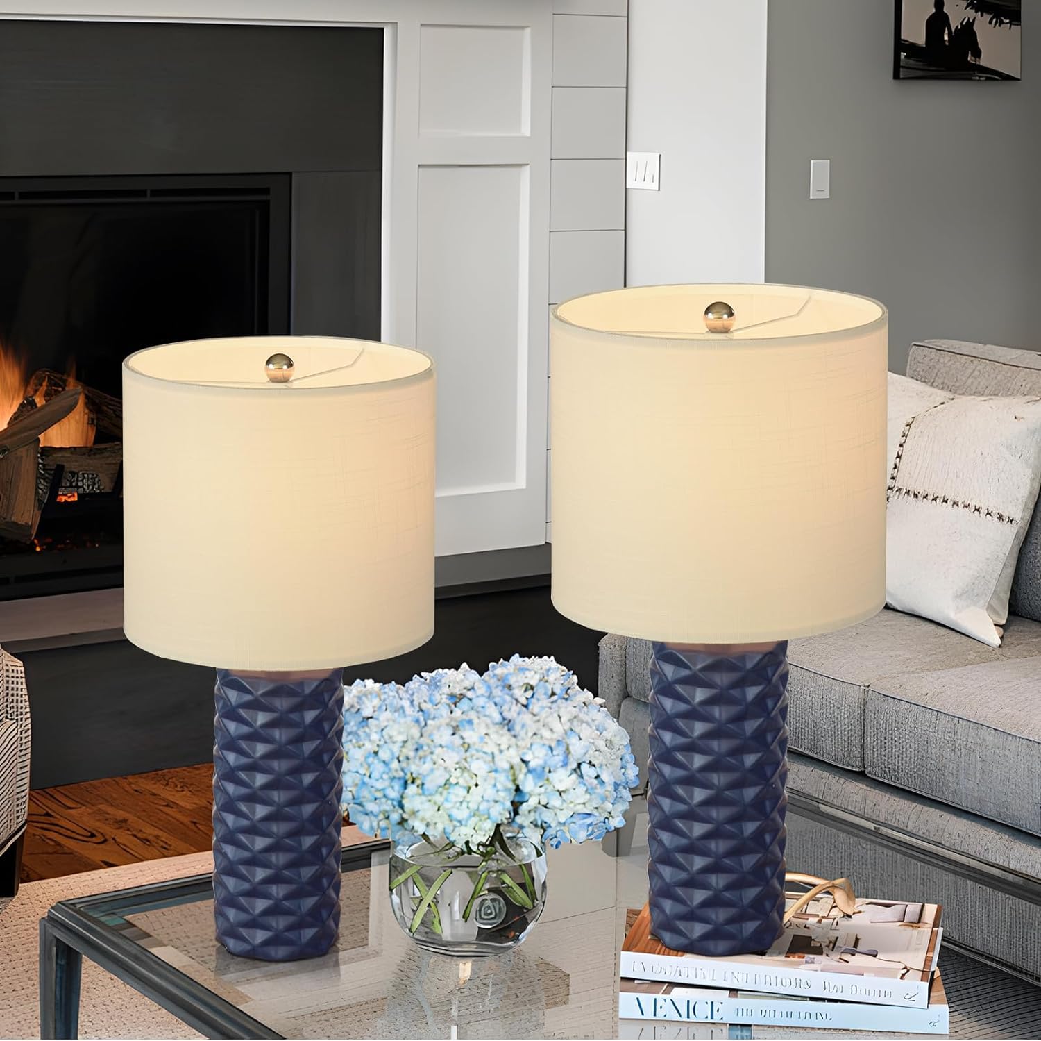 Hgnpjc Navy Ceramic Table Lamp 20'' Modern Nightstand Lamps Set Of 2 Navy Blue Lamp With Fabric Shade Bedside Table Lamp For Liv