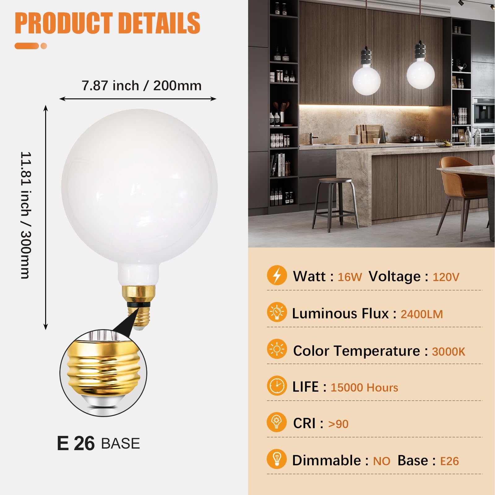Sd Lux Oversized Led Light Bulb Giant Vintage Edison Filament Bulb 16W 2400Lm (Equi. 200W) E26 Base Large Bulb Milky Glass For Home Office  Non-Dimmable  Warm White 1 Pack (Warm White (3000K)  G200Wt)