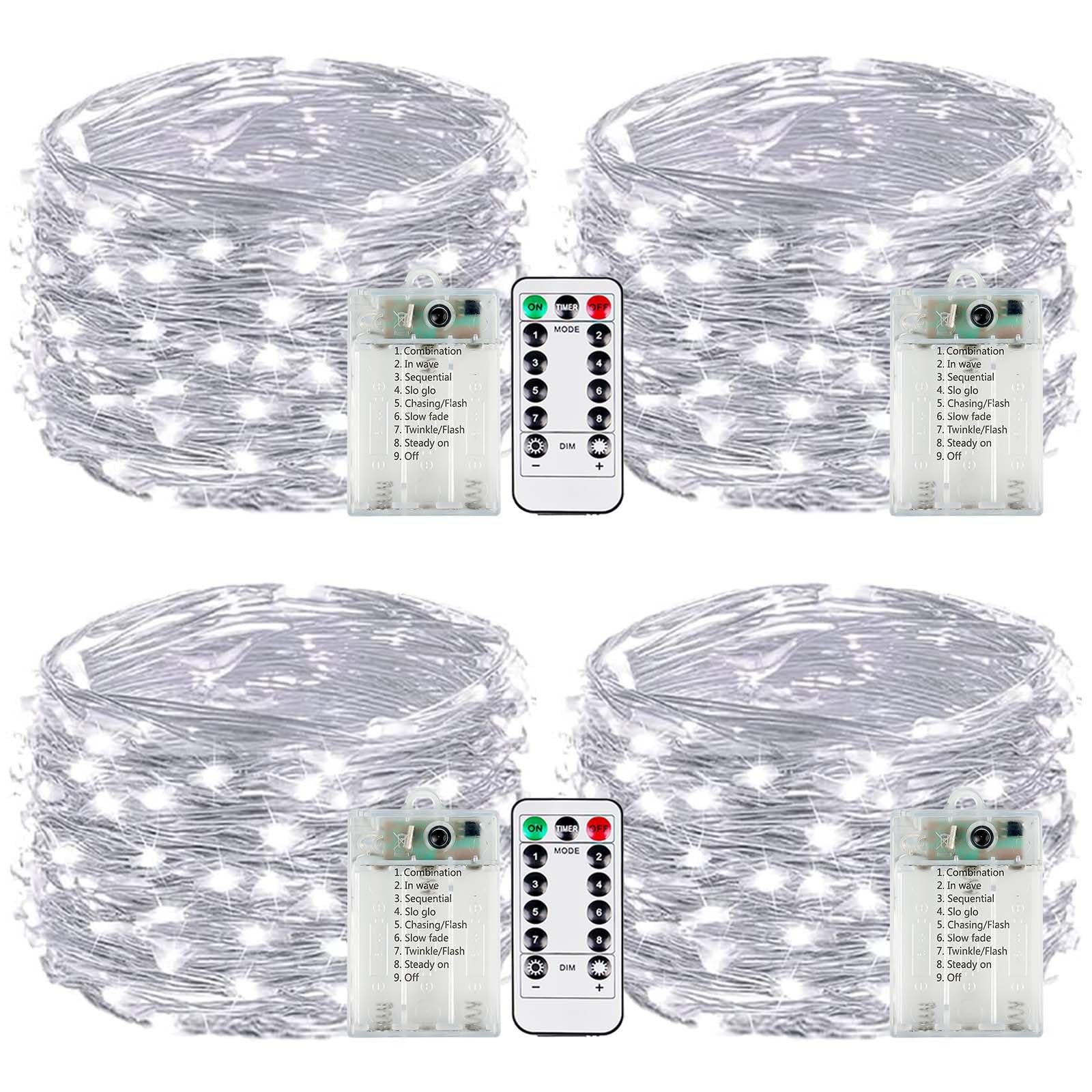 EXF 4-Pack Fairy Lights, 50 LED, Battery Operated, Remote & Timer, Waterproof, 16 FT, Cool White, Model YHY-BO50LED
