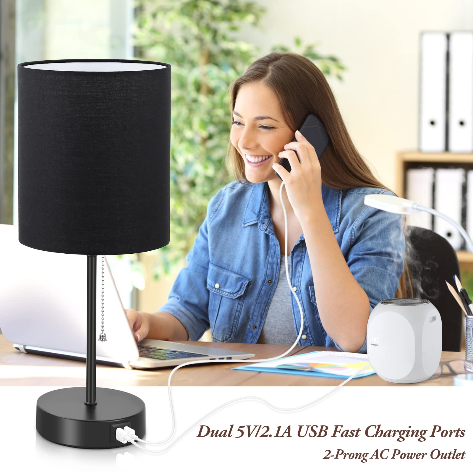 Table Lamps Set Of 2 With Usb Charging Ports, Black Bedside Lamps With Ac Outlet, Nightstand Lamps With Pull Chain Switch, Minim