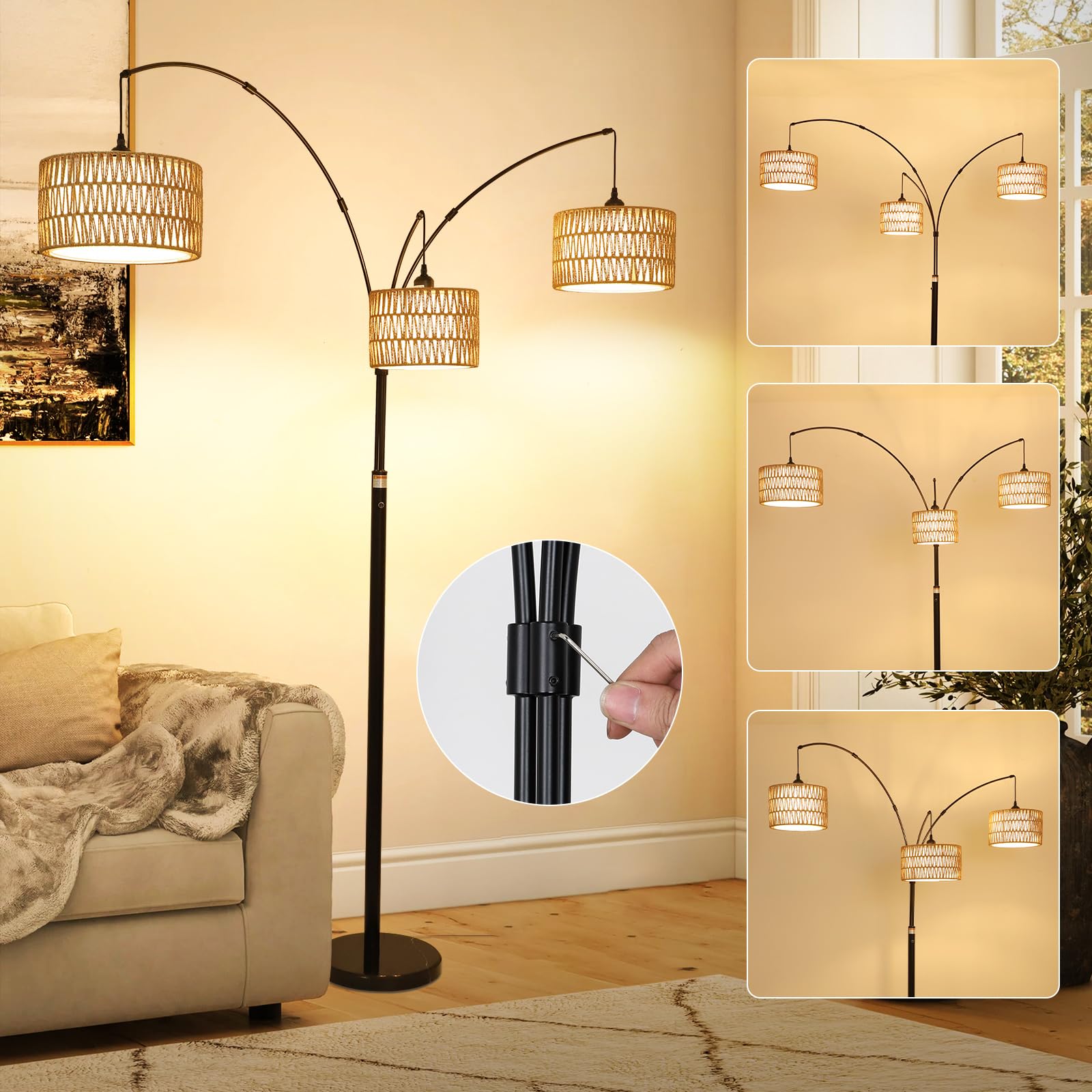 Airposta Black Arc Floor Lamp - Dimmable Rattan Shade, Industrial Style for Living Room & Office, Model 230704A1