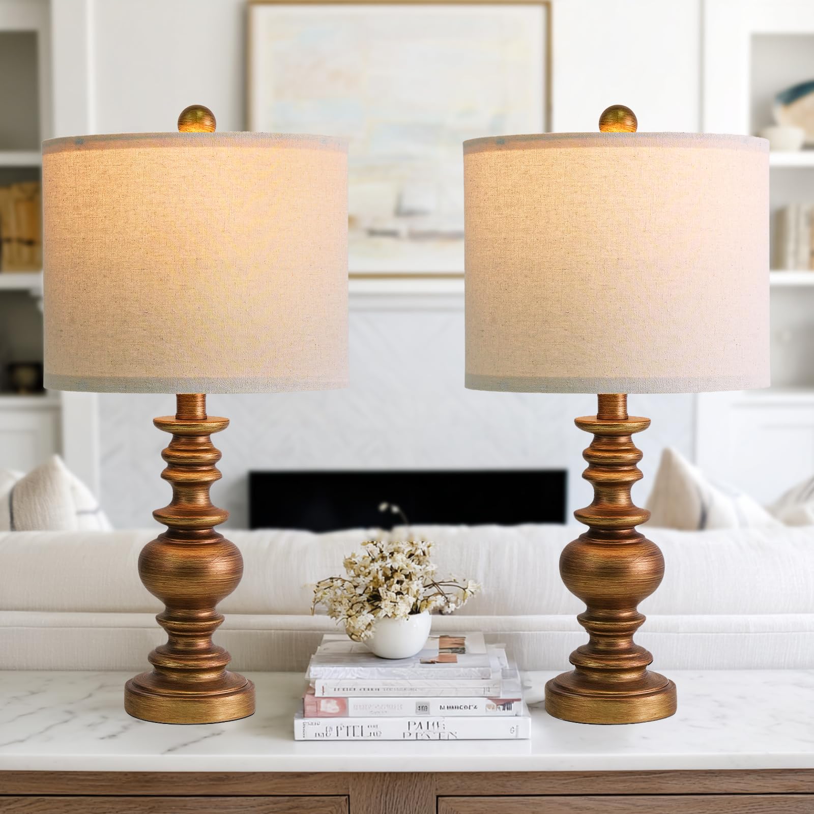 BOBOMOMO 20 Antique Gold Table Lamps Set of 2 - Handcrafted Vintage Bedside Lamps with Linen Shades  Elegant Farmhouse Lamps for Bedroom  Living Room  or Entryway - Perfect for Compact Spaces