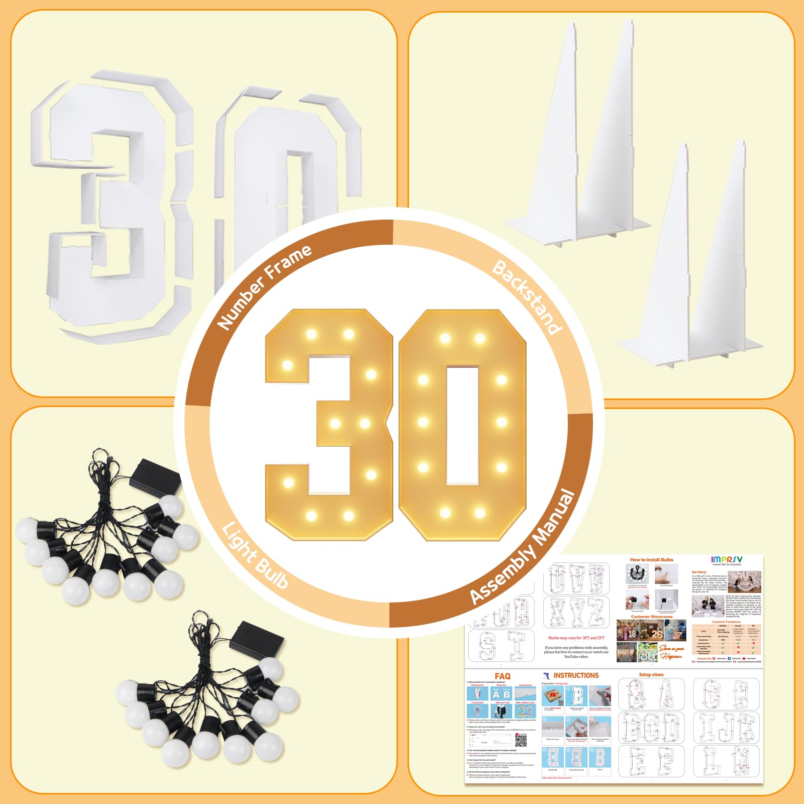 imprsv Light Up Numbers, 30th Birthday Decorations, Foam Board, 4FT Size, Marquee Style, Anniversary Party Kit