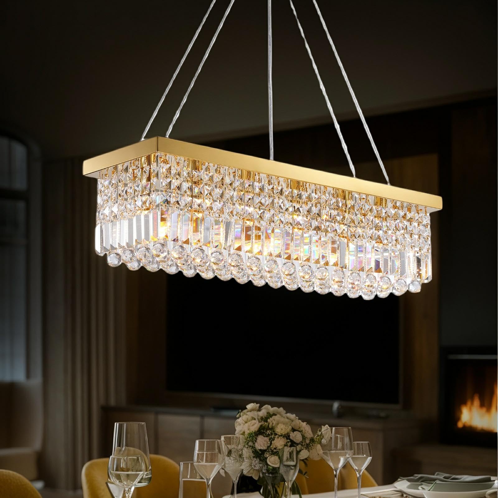 Tinkoso Crystal K9 Rectangle Chandelier For Dining Room,6-Light Modern Rectangular Pendant Light Fixture For Kitchen Island Bar,