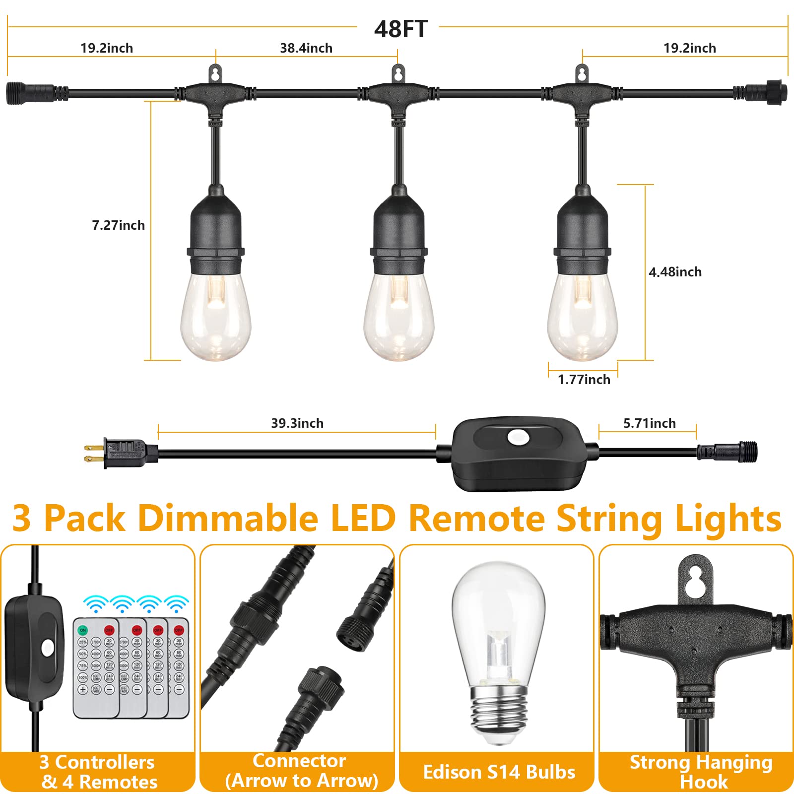 Mlambert LED Dimmable Outdoor String Lights, 48Ft, 3-Color, Waterproof, Black, Model GLS22C2YC-S14-15, Total 144Ft