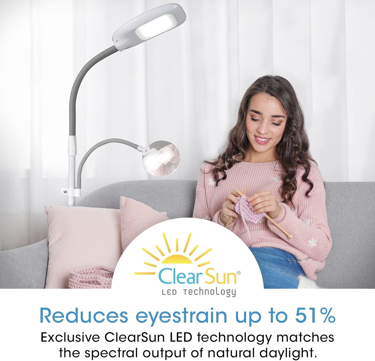 OttLite LED Floor Lamp with Magnifier - ClearSun Technology, 3 Brightness Settings, Adjustable Arm - Large, White, Model CSP57WGC-SHPR