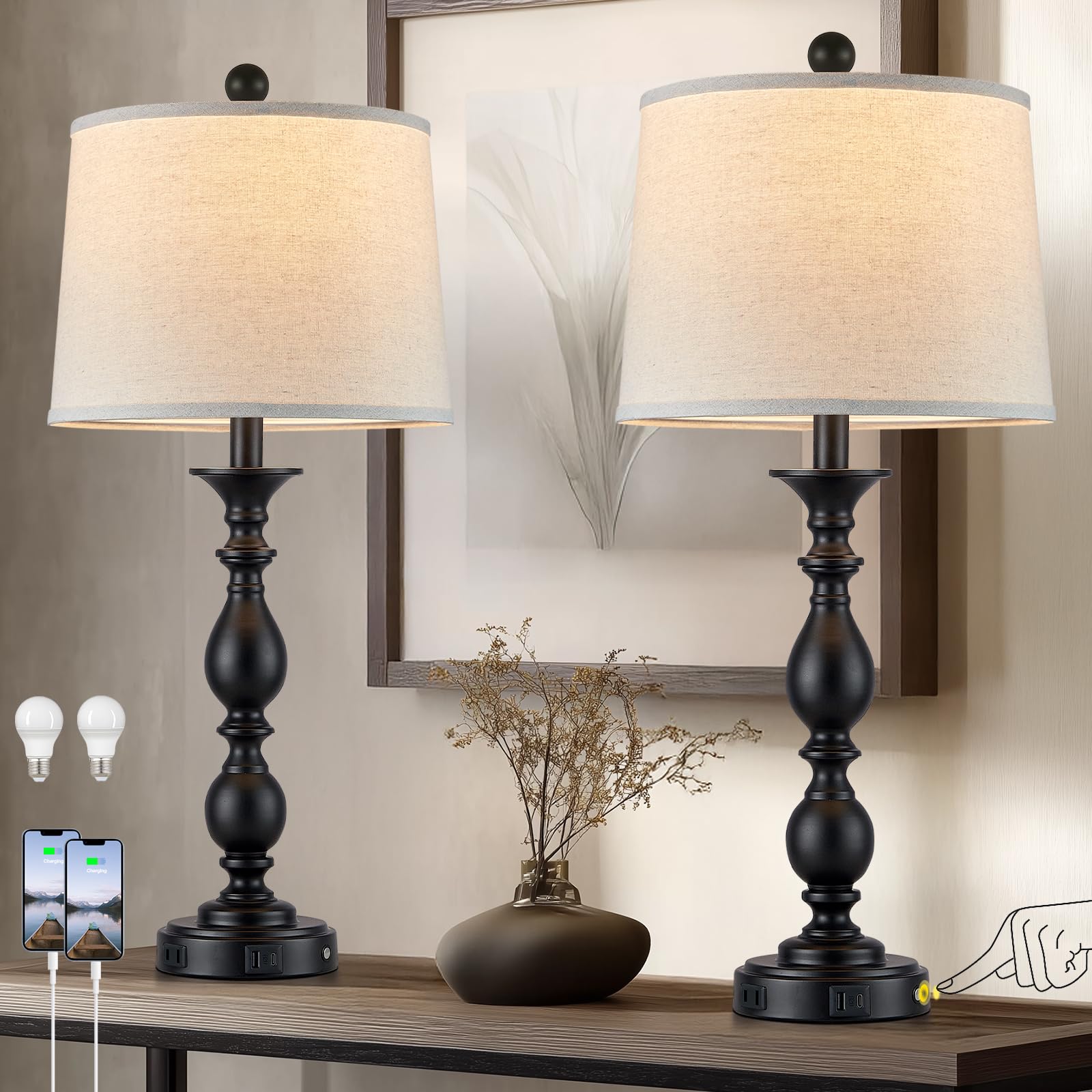 MOUVOVO 28 Black Modern Table Lamps Set of 2 with USB C+A Ports and AC Outlet  3 Way Touch Control Tall Bedside Lamps for Bedroom  Metal Farmhouse Nightstand Lamps for Living Room