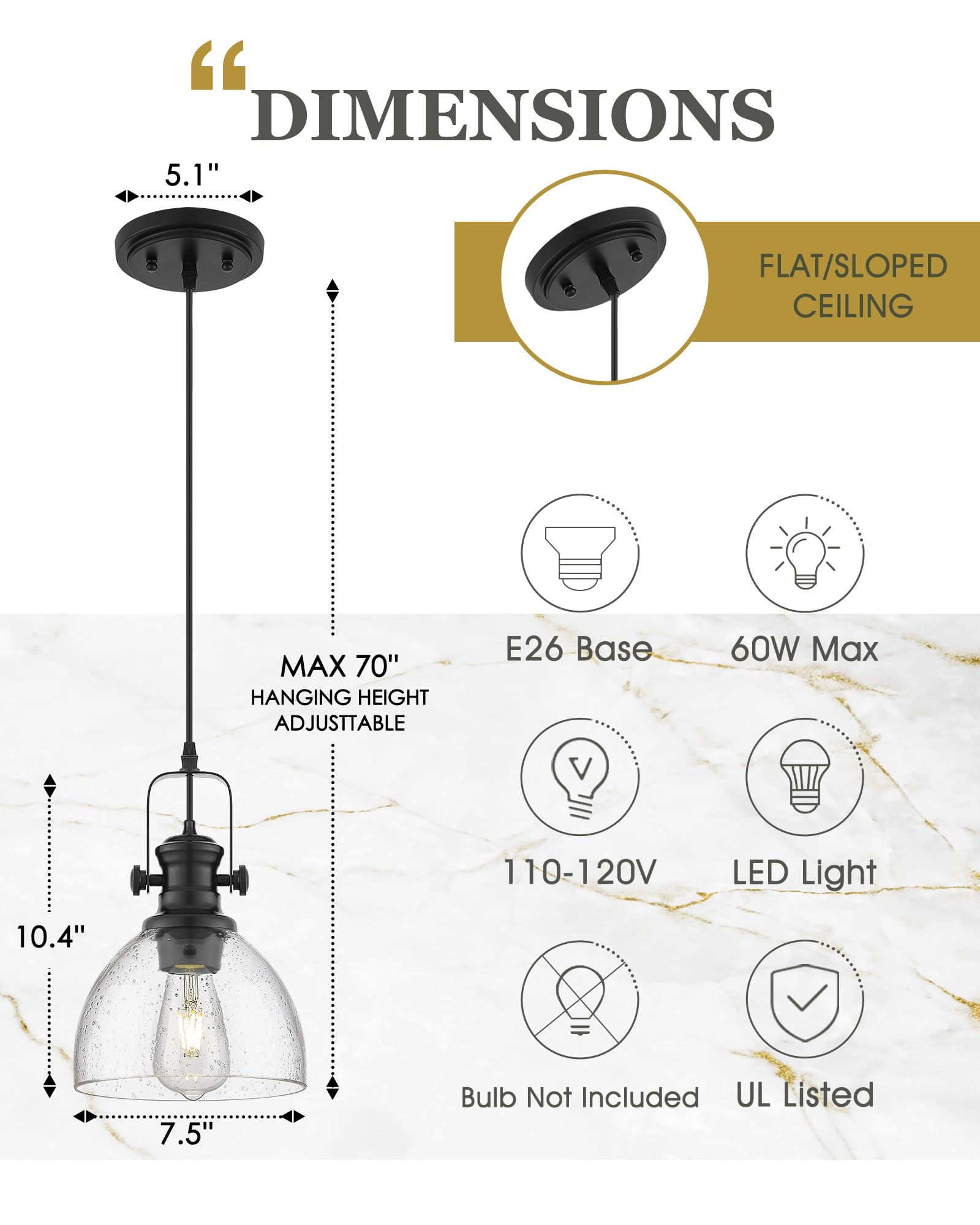 Audickic Black Pendant Light - 7.5" Farmhouse Seeded Glass Shade - Vintage Metal Hanging Fixture, Model AD-22151-1P-BK
