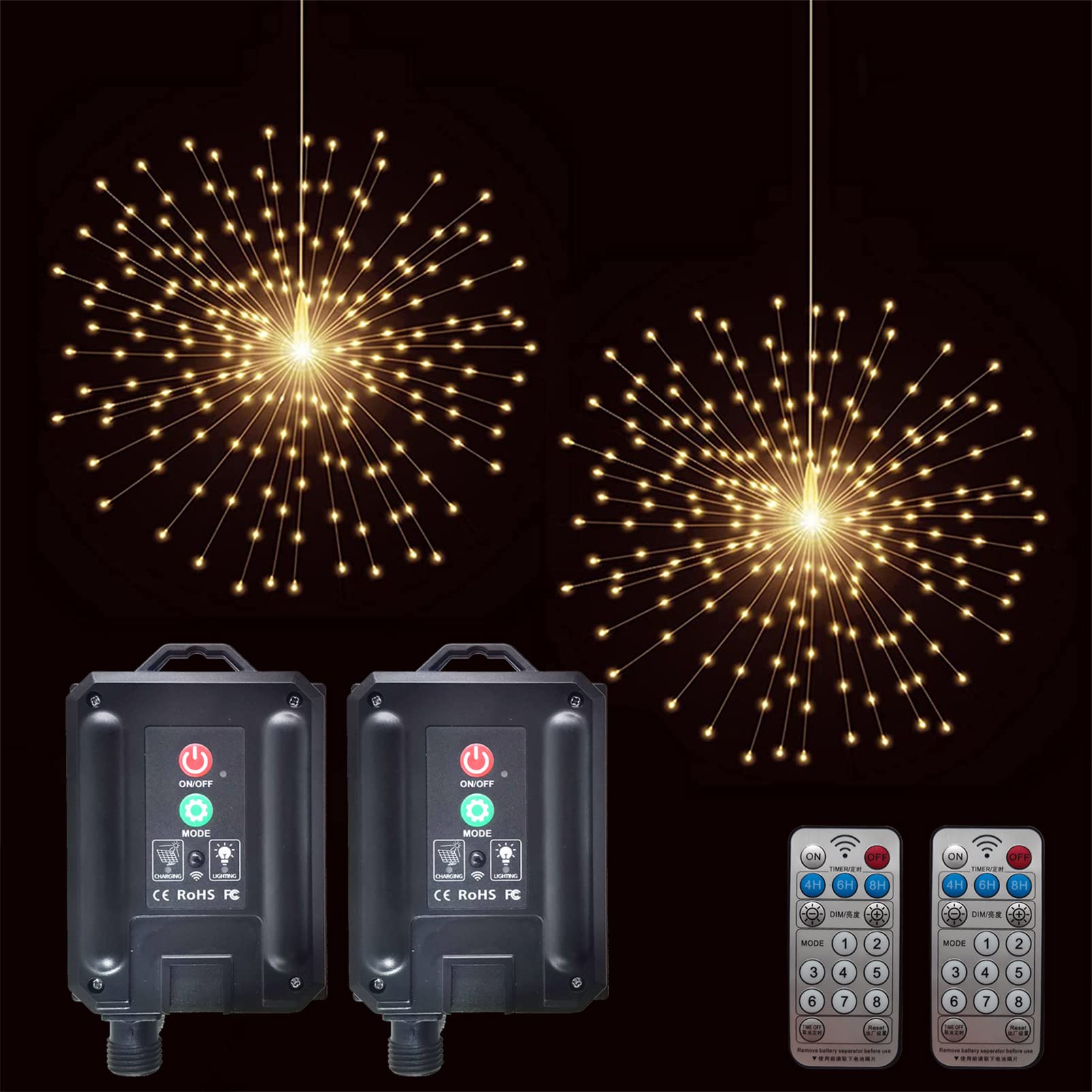 PXBNIUYA 2 Pack Starburst Sphere Lights with Remote Control,200 LED Firework Lights, 8 Modes Dimmable Waterproof Hanging Fairy L