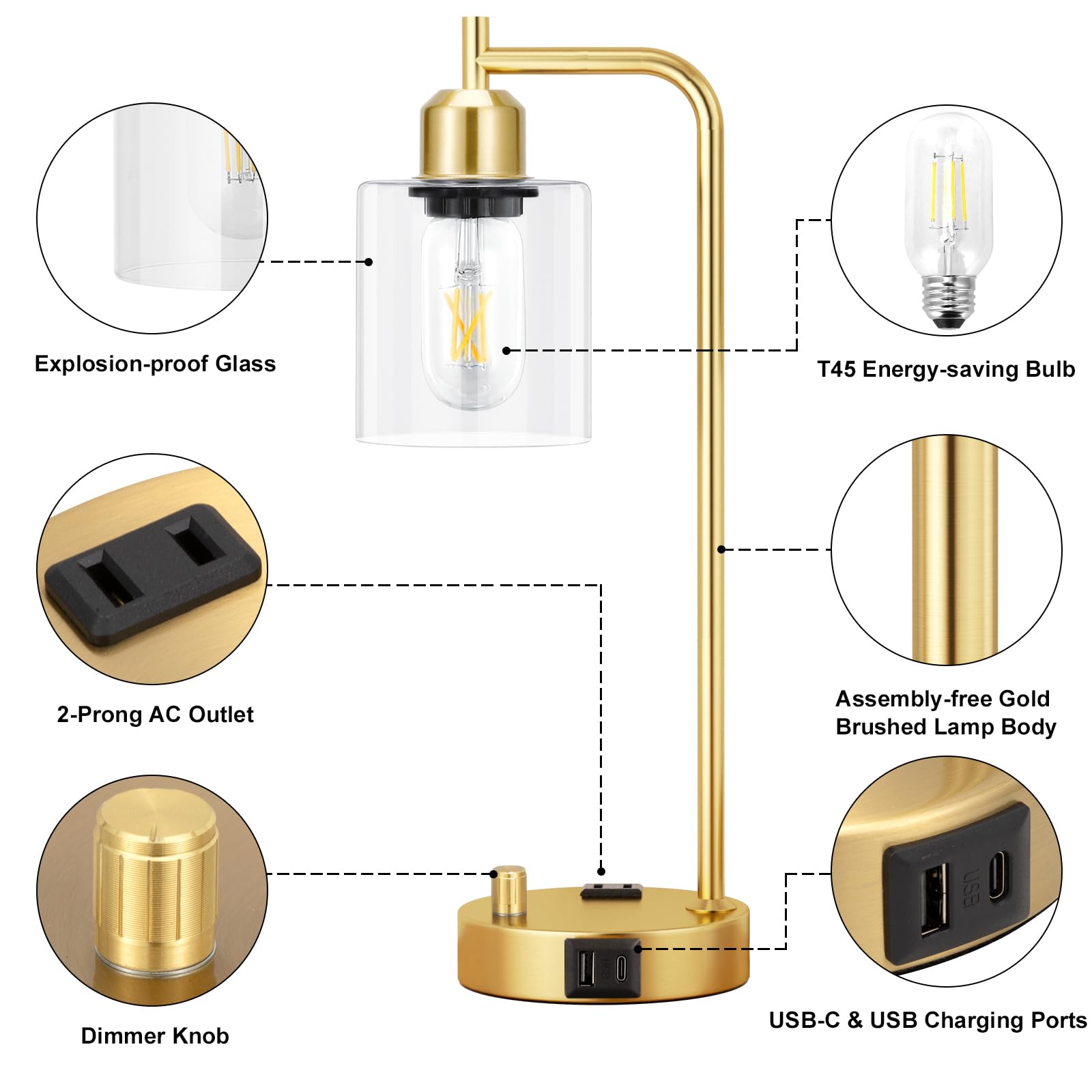 Industrial Table Lamps For Bedroom Set Of 2 - Fully Dimmable Bedside Lamps With Usb Ports And Outlet, Gold Nightstand Lamps With