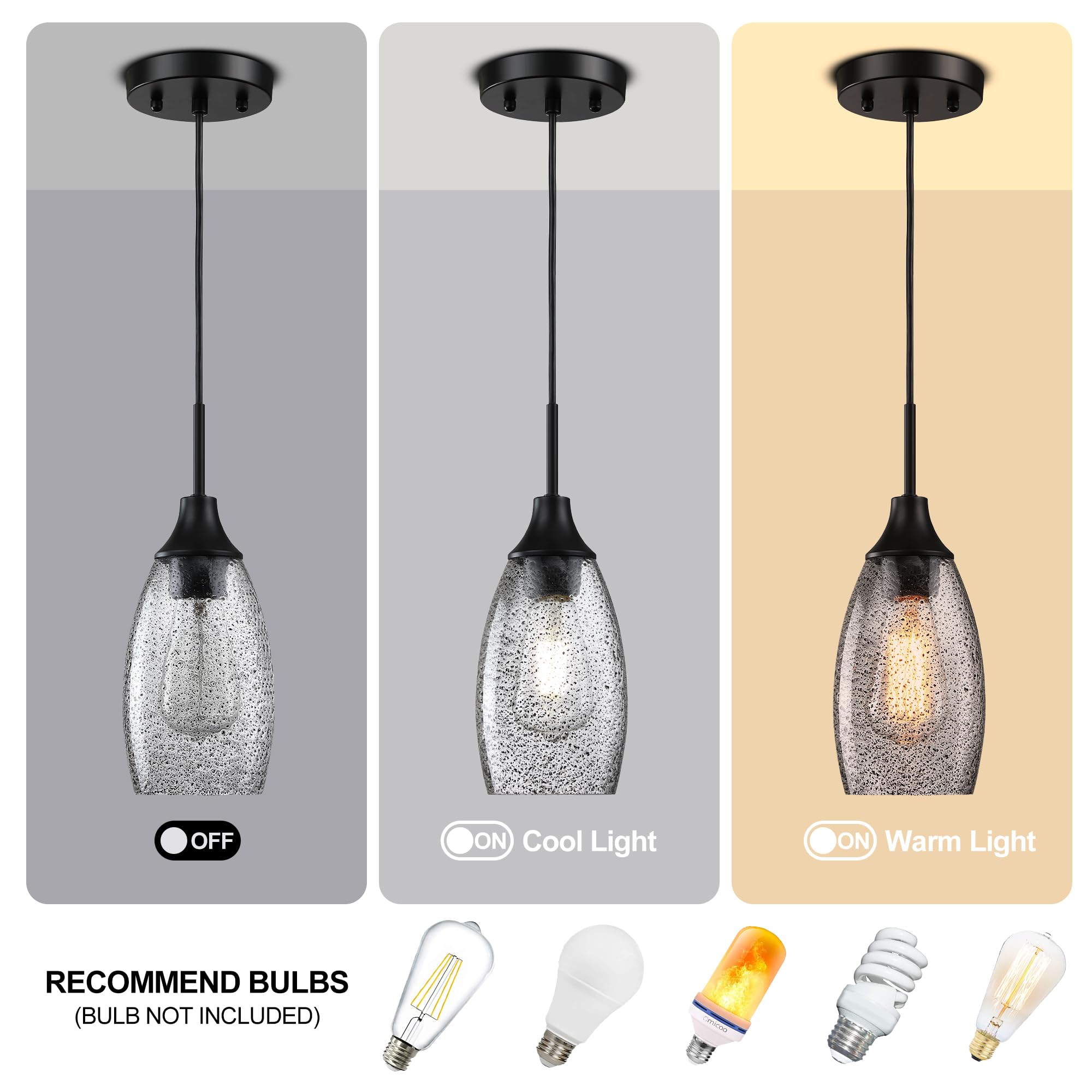 Viinew Mini Glass Pendant Light 3-Pack, 4.72&quot; Handblown Black Seeded Shade, Adjustable Cord