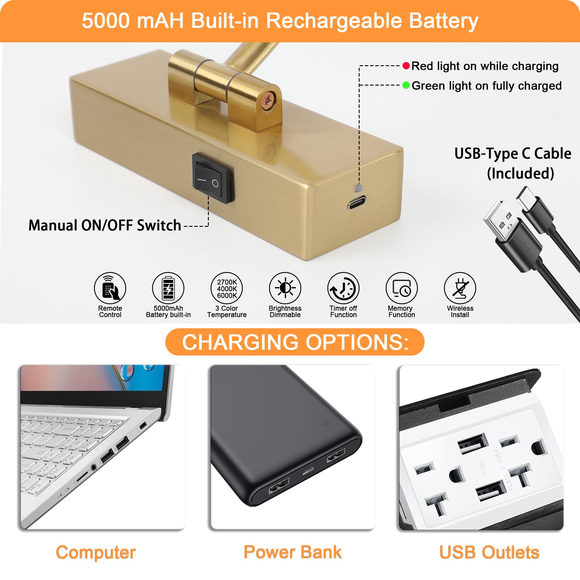 Tassuowell 12 Inch Brass Rechargeable Picture Light with Remote Control, Dimmable, 3 Color Temperature, Model 7115