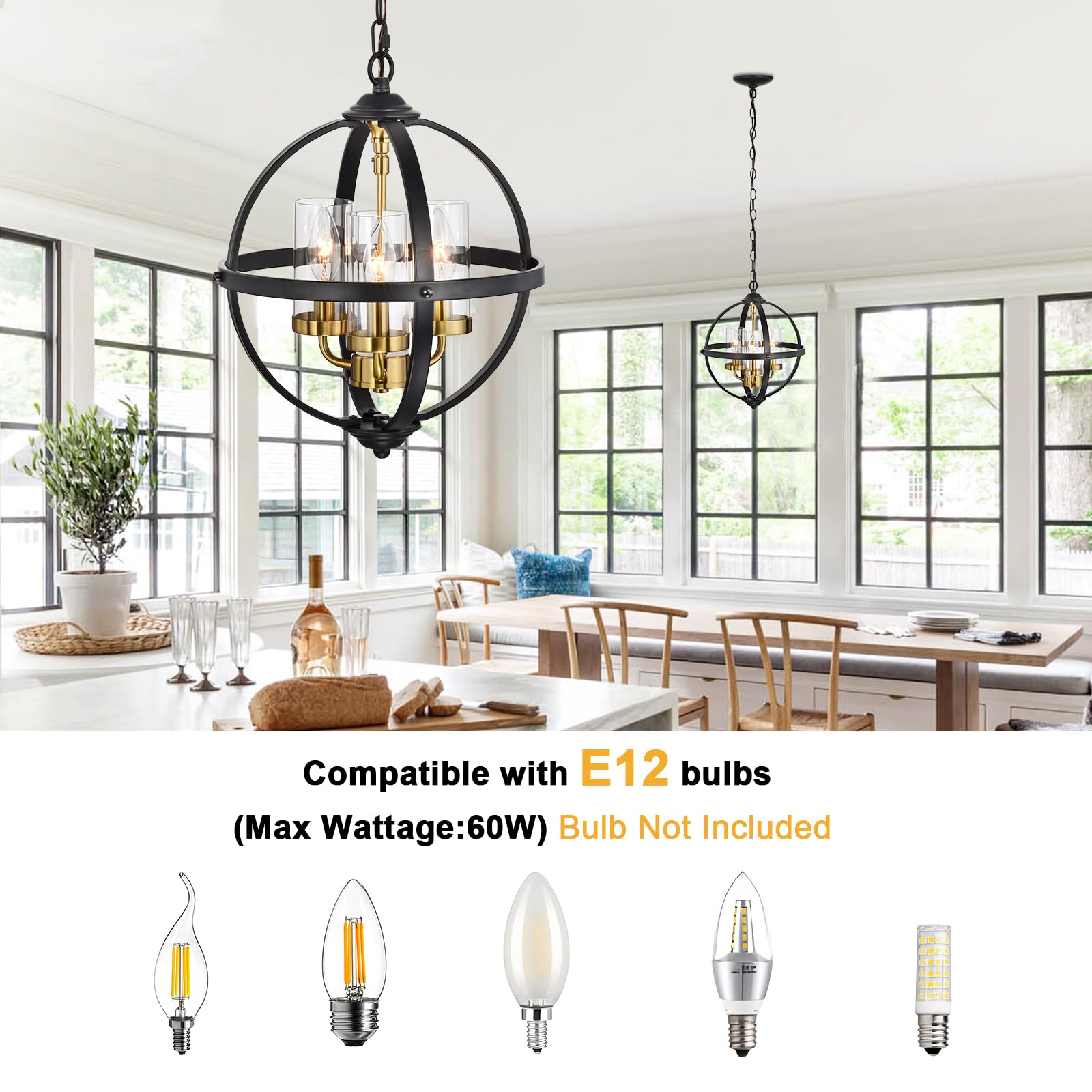 Treekee Rustic Chandelier - 17" Black & Gold 4-Light Globe Pendant Light for Living Room, Entryway, Dining Room