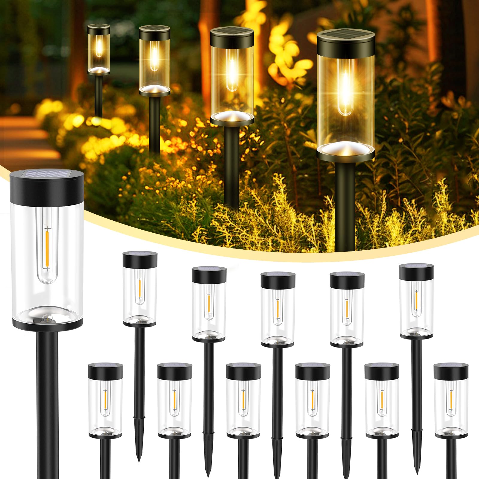 nipify LED Solar Pathway Lights, 12 Pack, Warm White, Waterproof, Auto On/Off, Model GS, Outdoor Garden Lighting