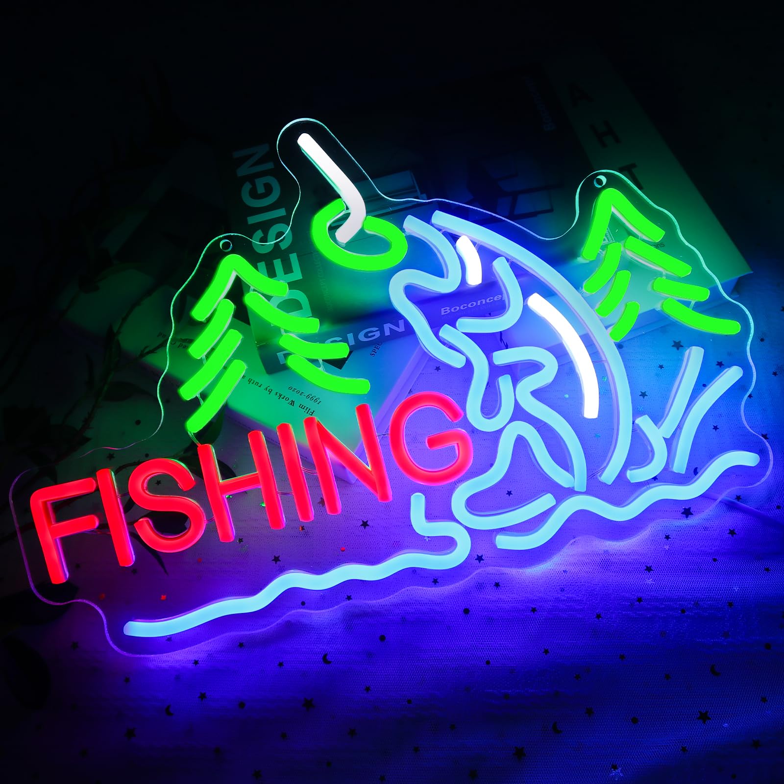 PMCVYH Neon Fishing Wall Sign, USB Dimmable LED Light, Multi-colored Acrylic Decor for Man Cave, Bedroom, Game Room, Model SYL-Fishing