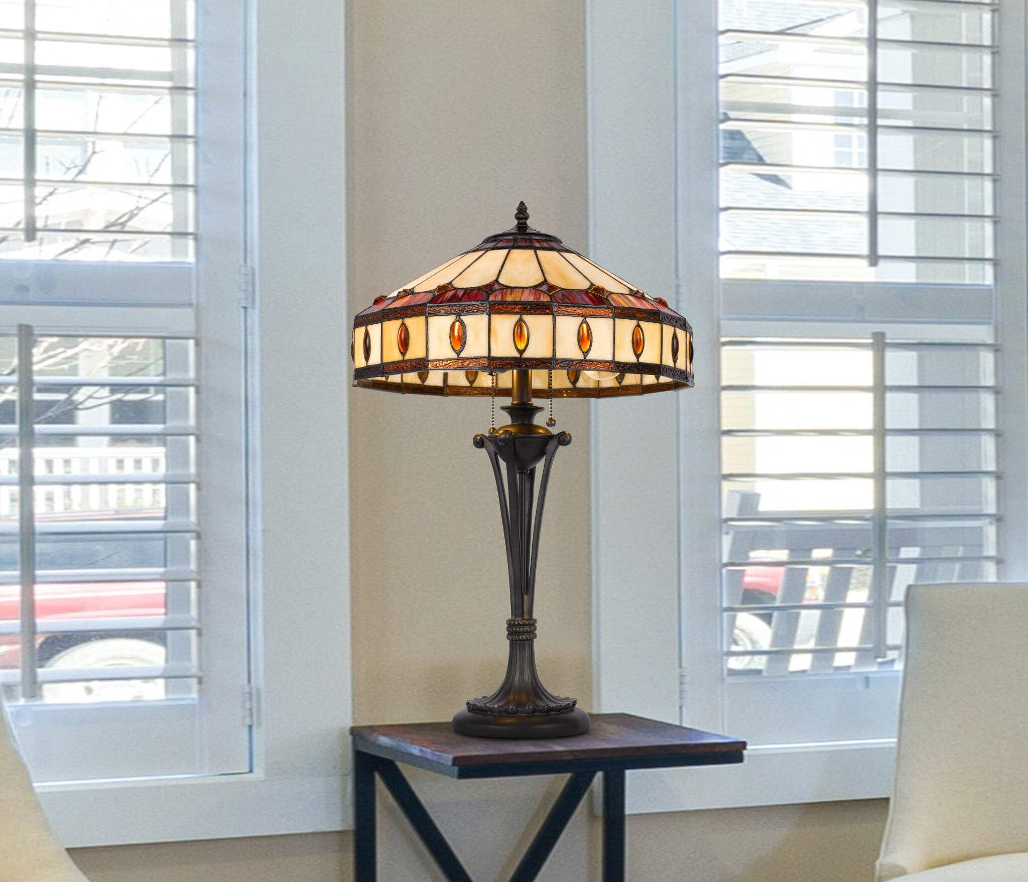 HomeRoots Metal Two Light Table Lamp, 26 in., Purple & Ivory Dome Shade, Model 524749, Black