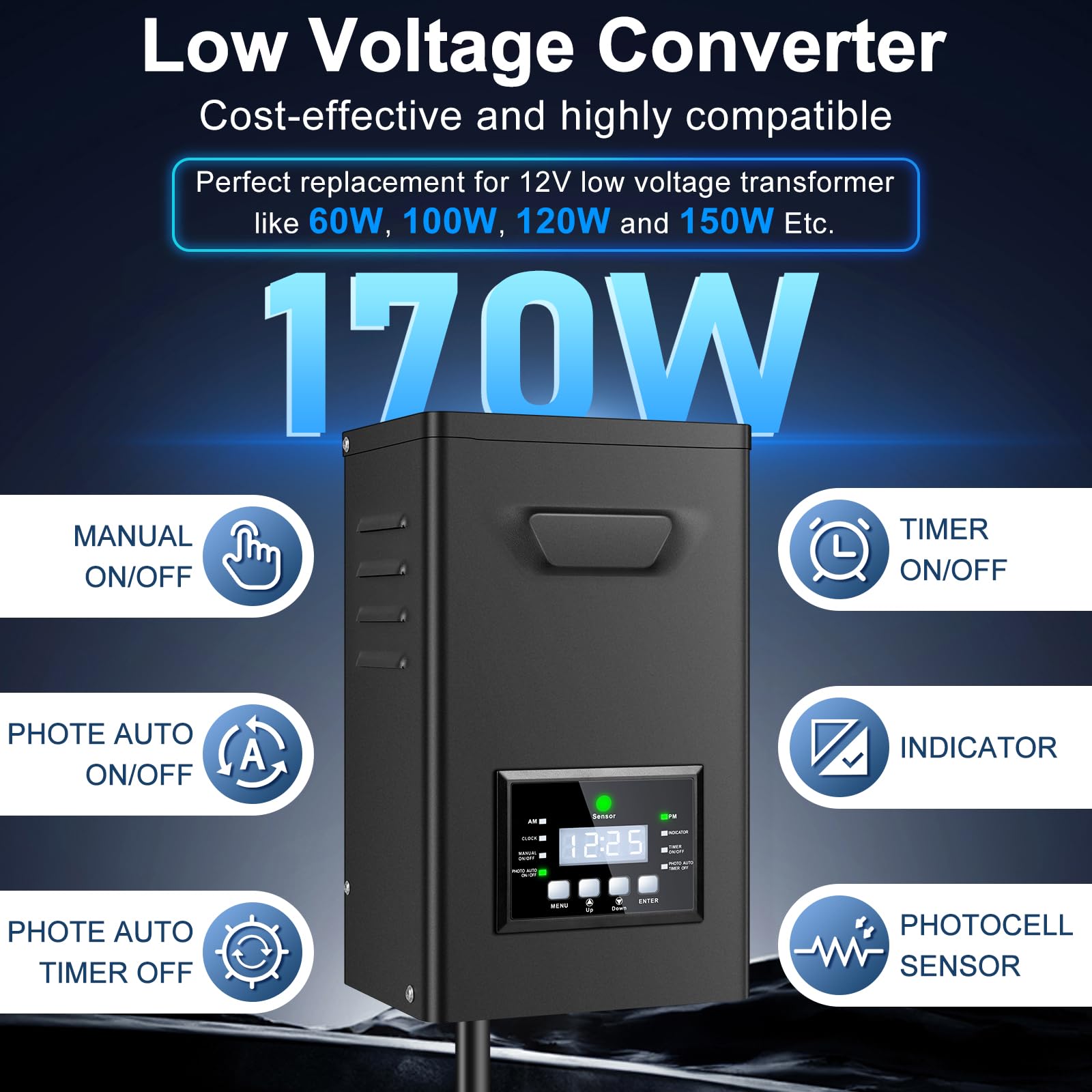 170W Low Voltage Landscape Transformer, Landscape Lighting Transformer With Timer And Photocell Sensor, 120V Ac To 12V/15V Ac Ou