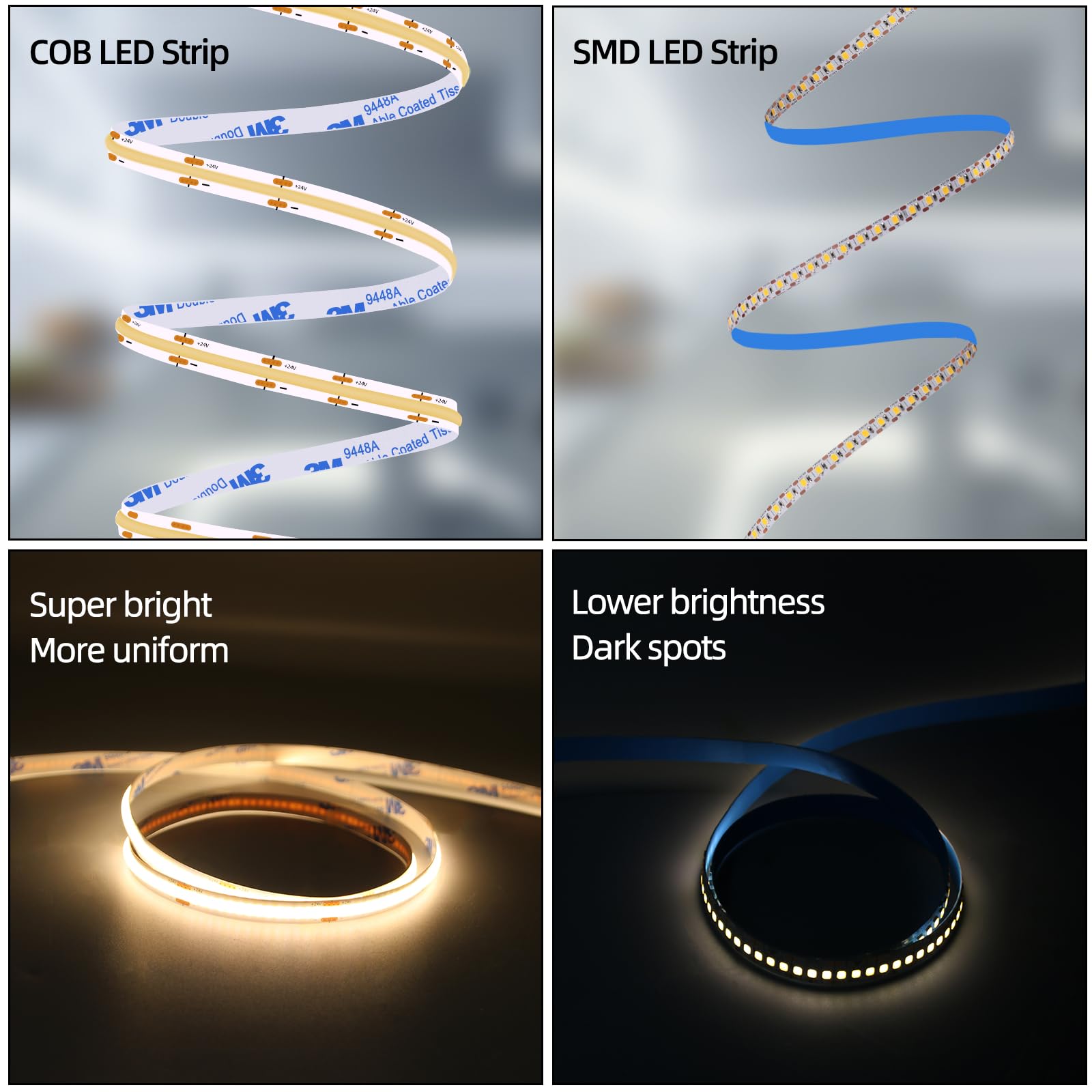 Led Strip Lights 24V Cob Led Warm 3000K Super Bright Led Strip 16.4Ft 5M Dotless High Density Cuttable Flexible For Home Diy Cob Led Commercial Lighting Projects (Power Supply & Dimmer Not Included)