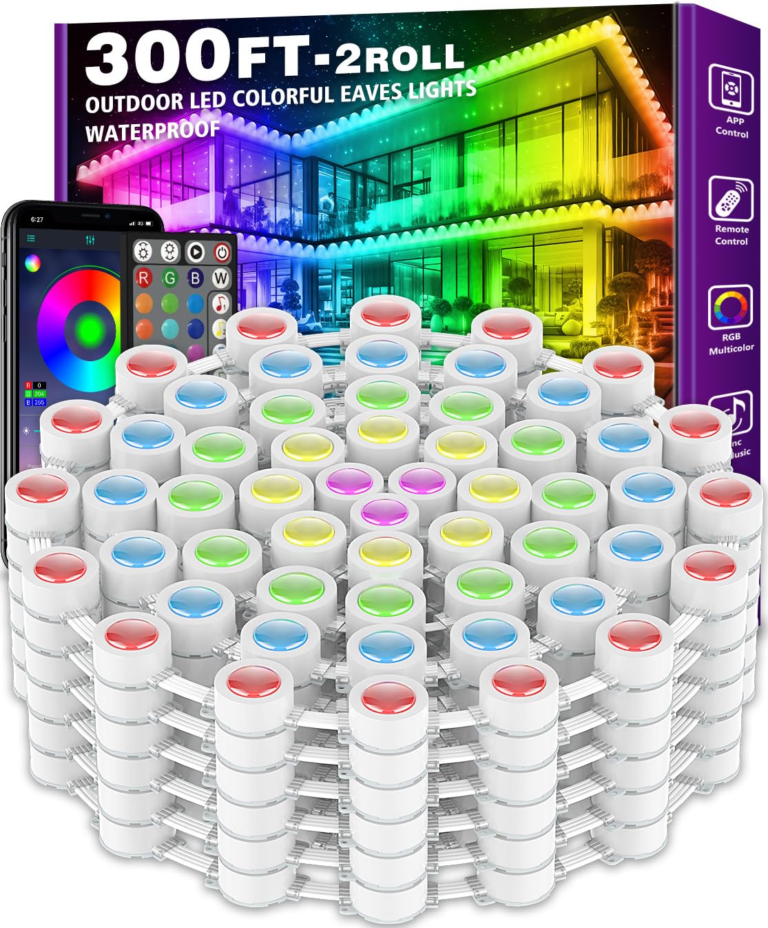 300Ft Permanent Outdoor Rgb Lights - Ip67 Waterproof With Smart App Control Remote, Diy Scene Modes, Music Synchronization, Eave