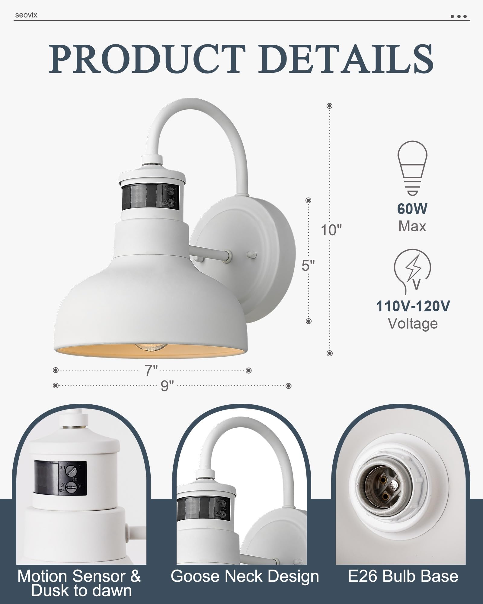 Seovix 2Pack 9&quot; Motion Sensor Outdoor Light Fixture, Dusk To Dawn Outside Front Porch Light With E26 Base Socket, Ip65 Waterproof Exterior Wall Lights For Porch, Garage, Patio, 2210Swh-2