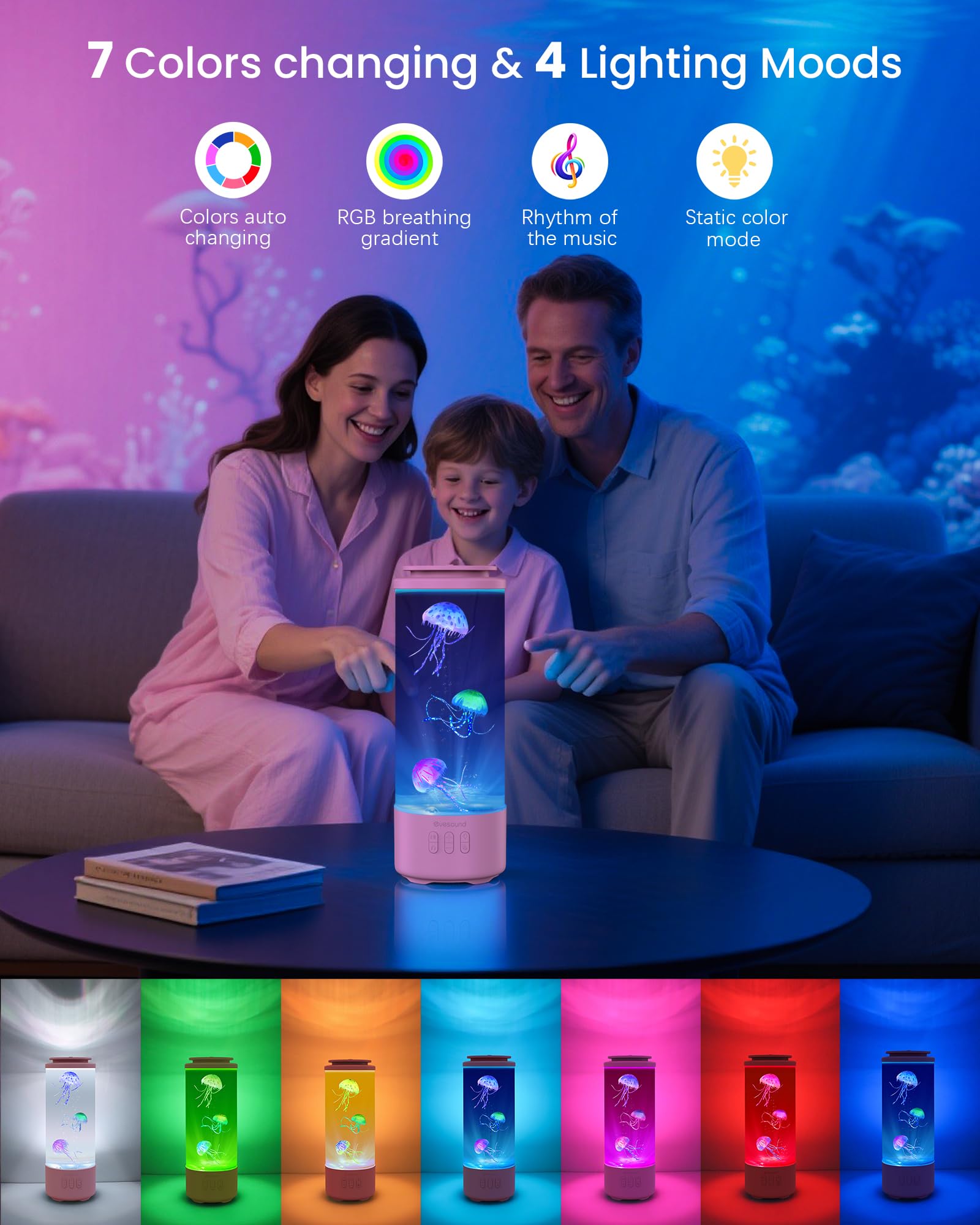 Eyesound Jellyfish Lamp Bluetooth Speaker With White Noise - 7 Color Changing Jelly Fish Tank Aquarium Light, 4 Lighting Modes F