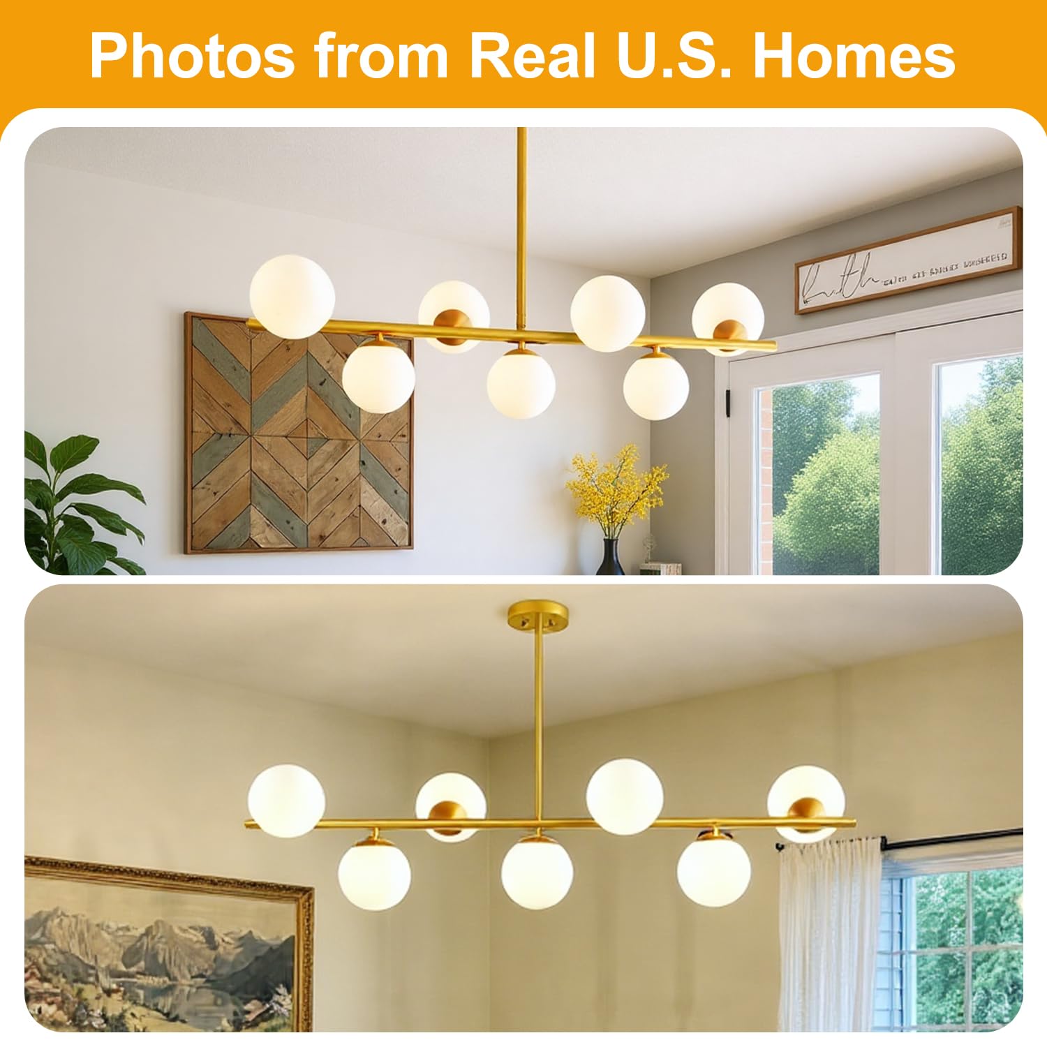 MQMQA 7-Light Modern Linear Chandelier, 43.3in Gold Pendant Light Fixture, Mid Century Design, Metal, Large Size