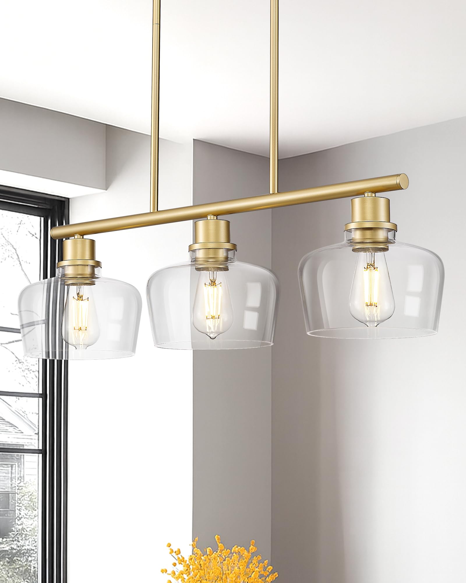 Emak Gold Kitchen Island Lighting  3-Light Dining Room Light Fixtures Over Table With Clear Glass Shade  Modern 32 Inch Island Lights For Kitchen  Dining Room  Bar  Il122-Gd-Cg-3