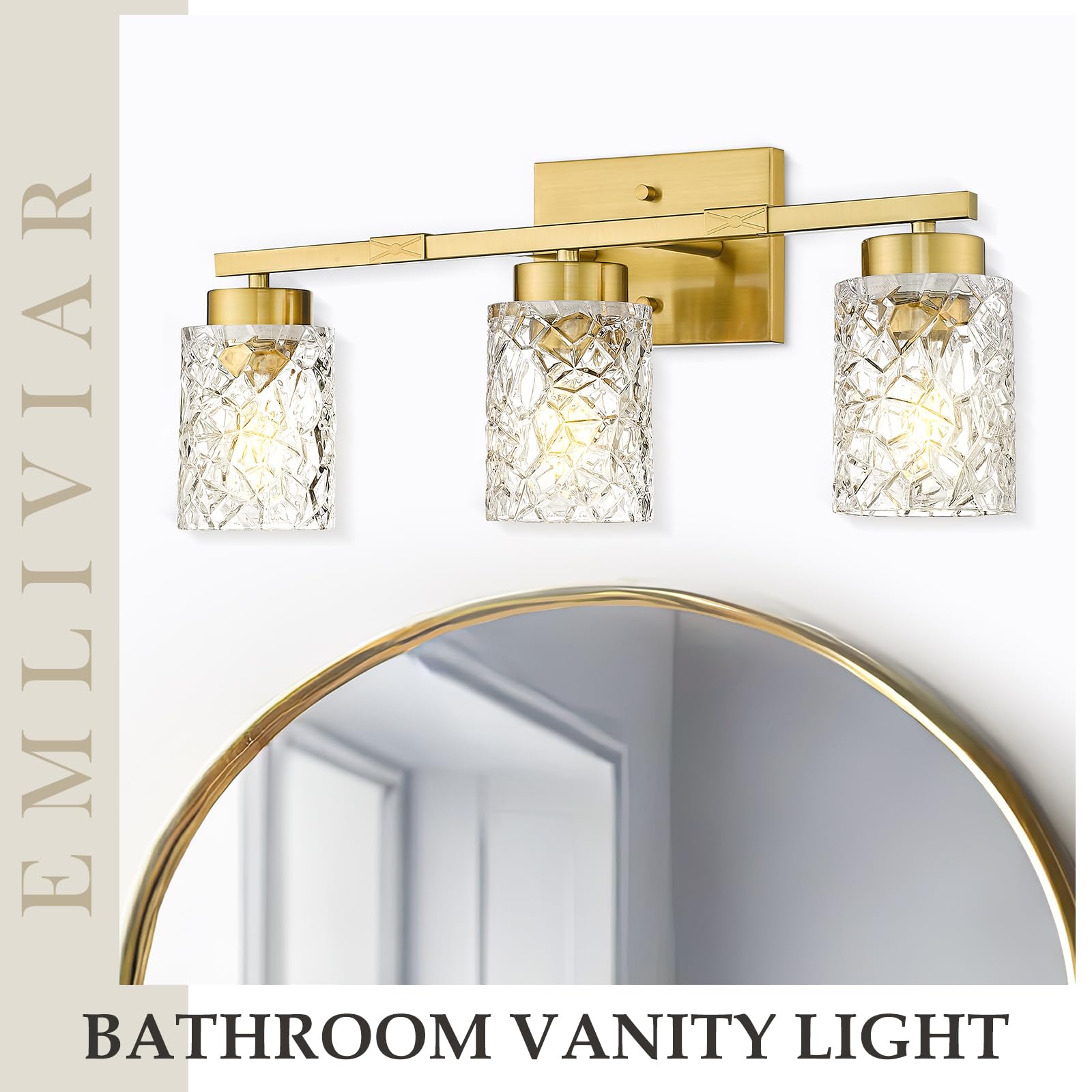 Emliviar 3-Light Bathroom Vanity Light Fixture, Brushed Gold, Clear Geometric Glass, 22 Inch, Model HE294B-3W BG