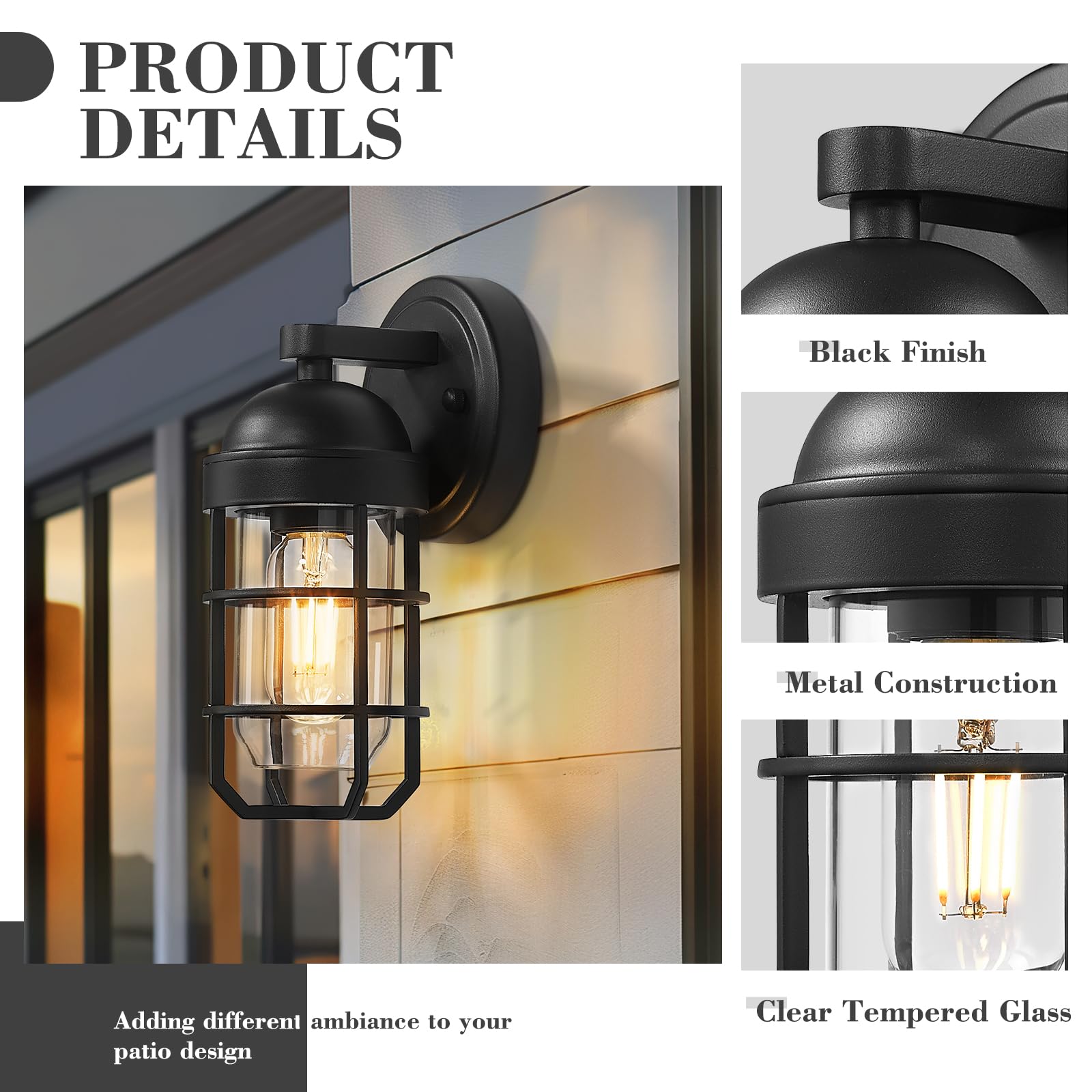 Emliviar Farmhouse Outdoor Wall Light - 2 Pack, Black Finish, Durable Metal Cage, Clear Tempered Glass, Model GE255B-2PK BK