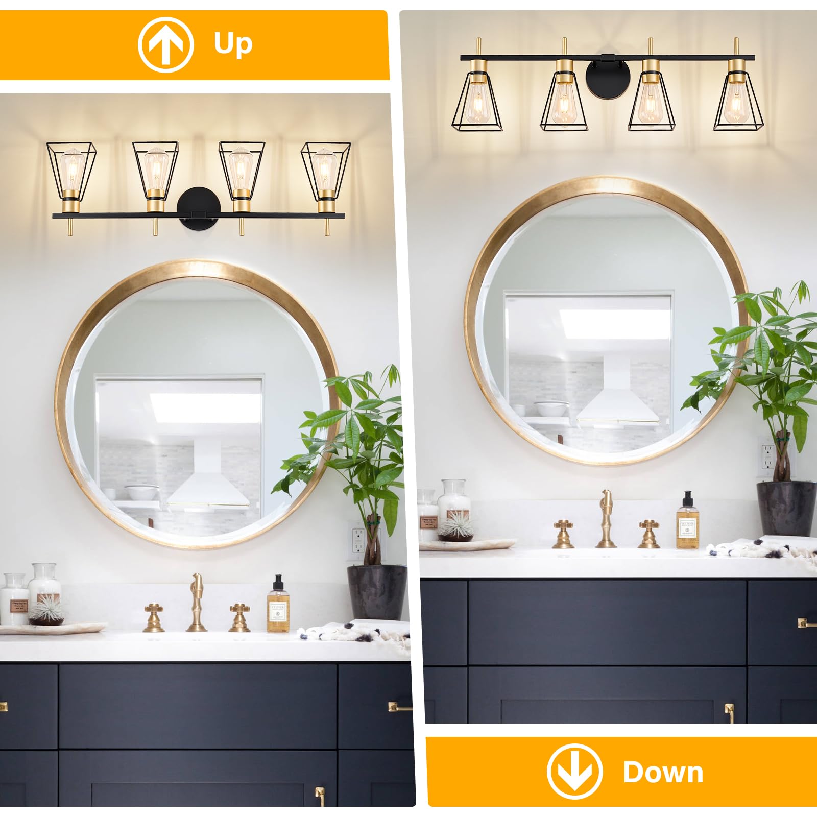 FonmYim Farmhouse Bathroom Vanity Light Fixtures Over Mirror, Black and Gold 4-Light Wall Sconce with Metal Cage, E26 Socket (Bu