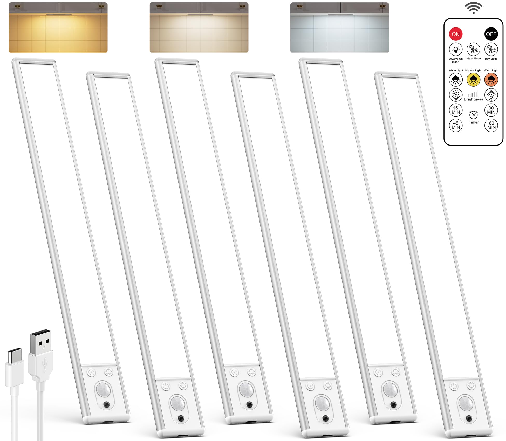 Under Cabinet Lighting Wireless w/Remote,3000mAh Rechargeable Battery 62 LED Motion Sensor Light Indoor,3 Color Temps Closet Lig