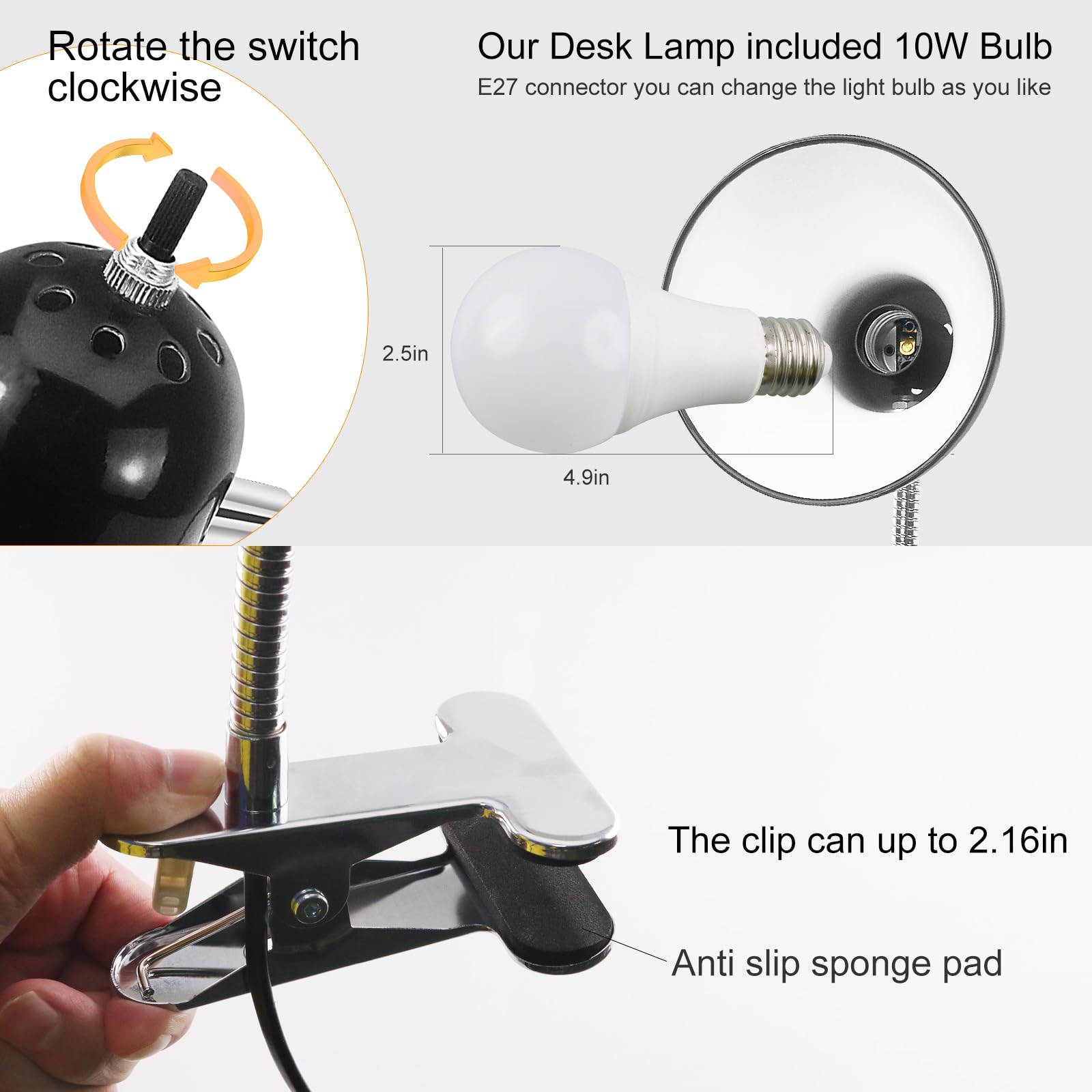 10W Wangjiatai Desk Lamp,Eye Protection Led Clamp Lamp,360Adjustable Gooseneck Clip On Lamp,Portable Reading Light,Study Clamp L