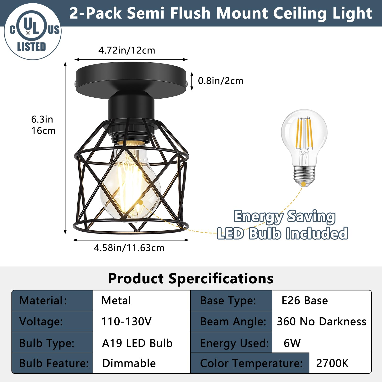 FadimiKoo Semi Flush Mount Ceiling Light, Black Metal Cage, 2-Pack, Indoor Fixtures for Kitchen, Porch, Bedroom