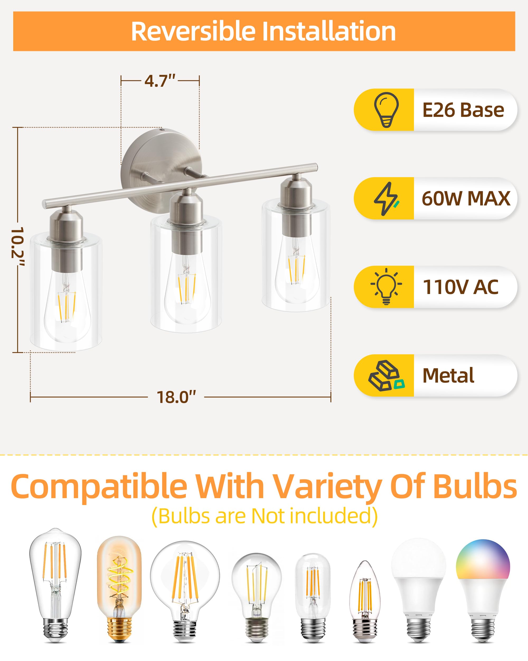 Seable 3-Light Brushed Nickel Bathroom Vanity Light Fixture With Clear Glass Shade