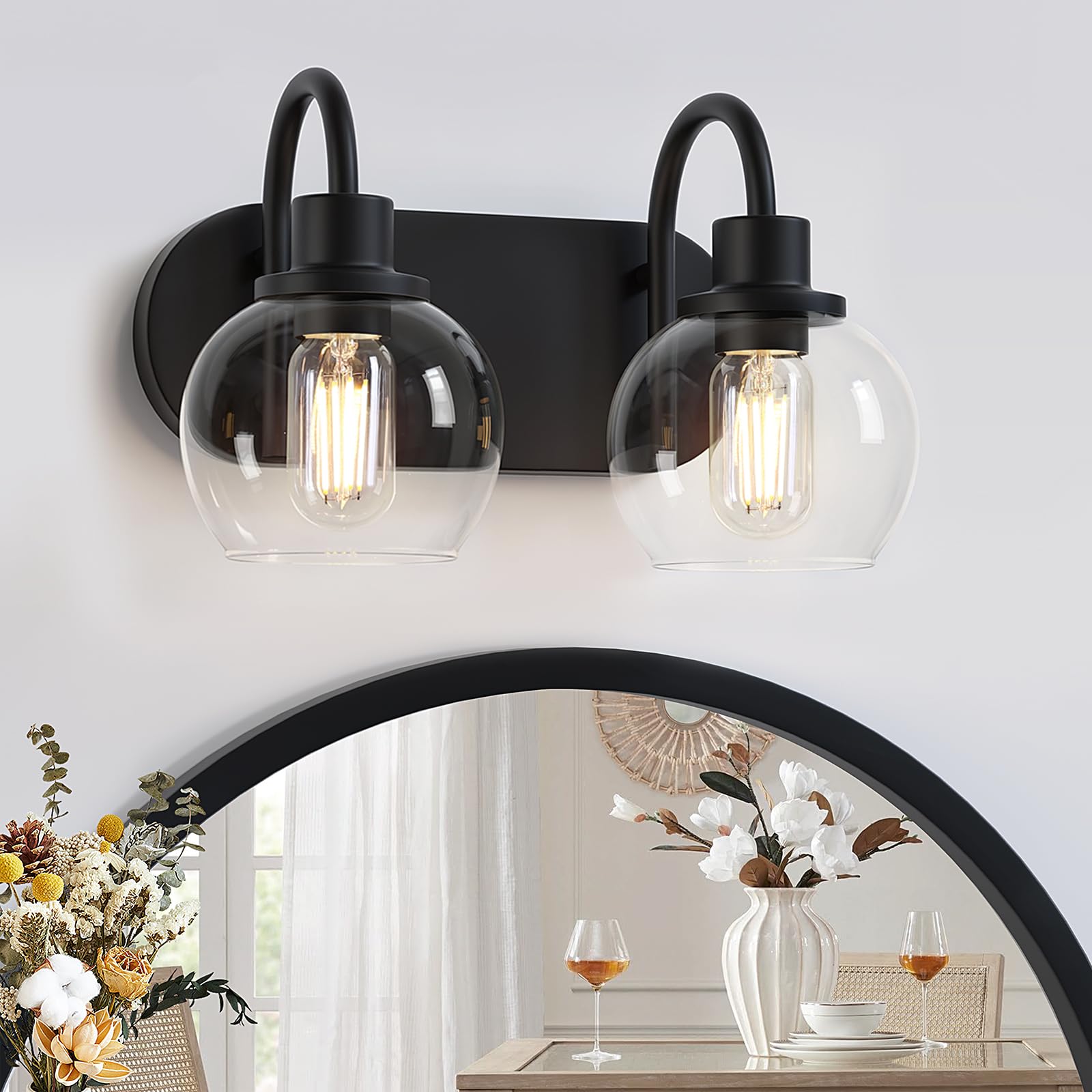 Dpyrrhic 2-Light Bathroom Vanity Light, Matte Black Metal Fixture with Clear Glass Shade, Model JD-192