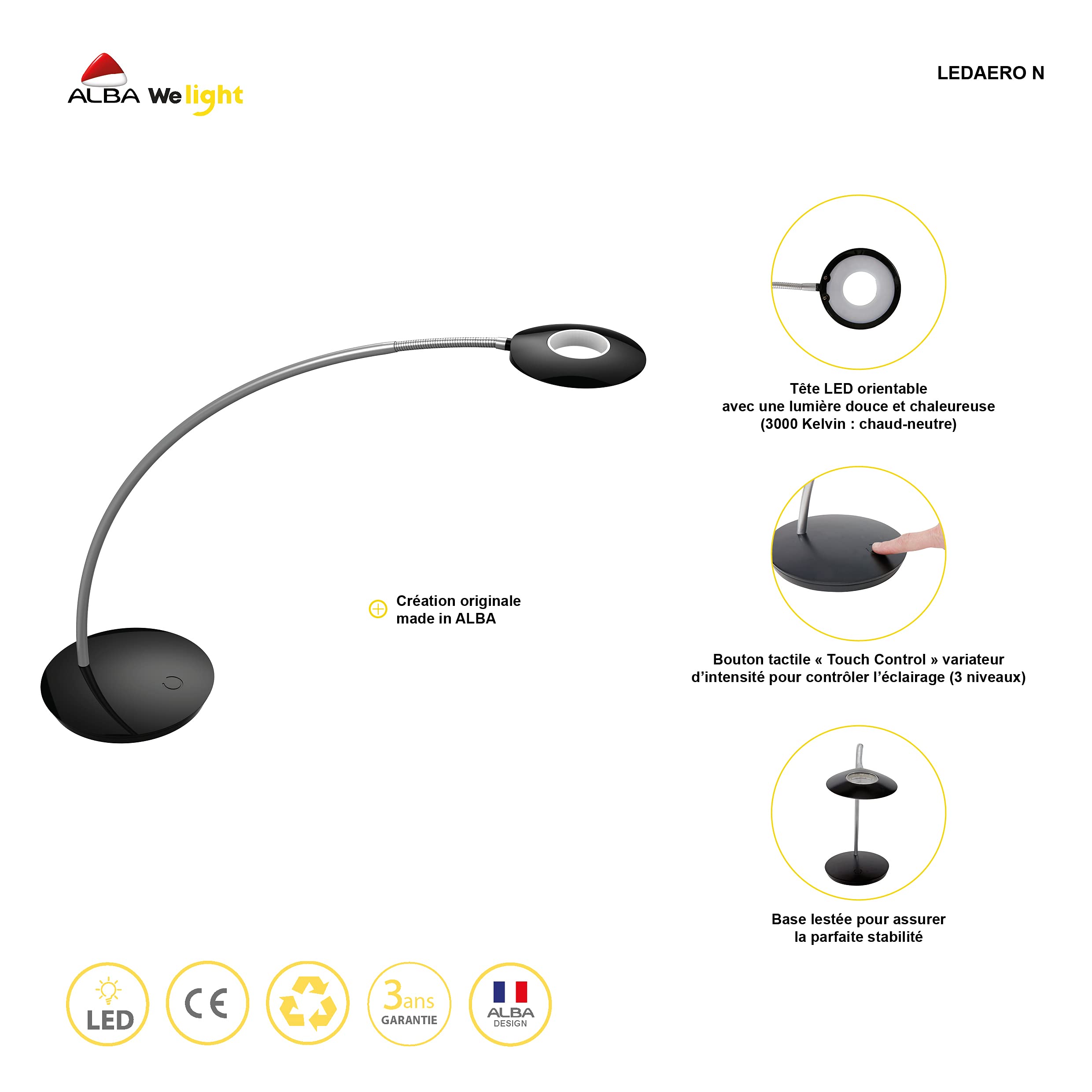 Alba Aero Led Desk Lamp With Touch Dimmer, Black (Ledaero N)
