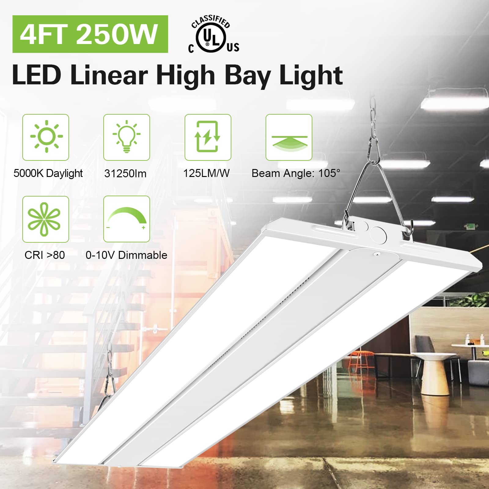 Hykolity 4FT LED Linear High Bay Shop Light, 250W, 31250lm, 5000K Daylight, Model HBHB-B4FT-250W-50