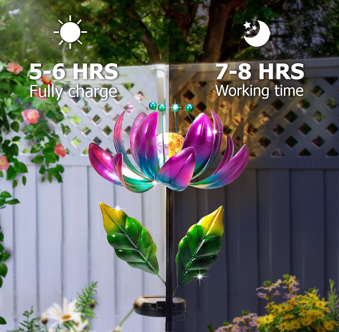 Huaxu Solar Outdoor Lights 35.4In Garden Decor Flower Wind Spinners,Waterproof Led Crackle Glass Globe Purple Lotus Art Metal St