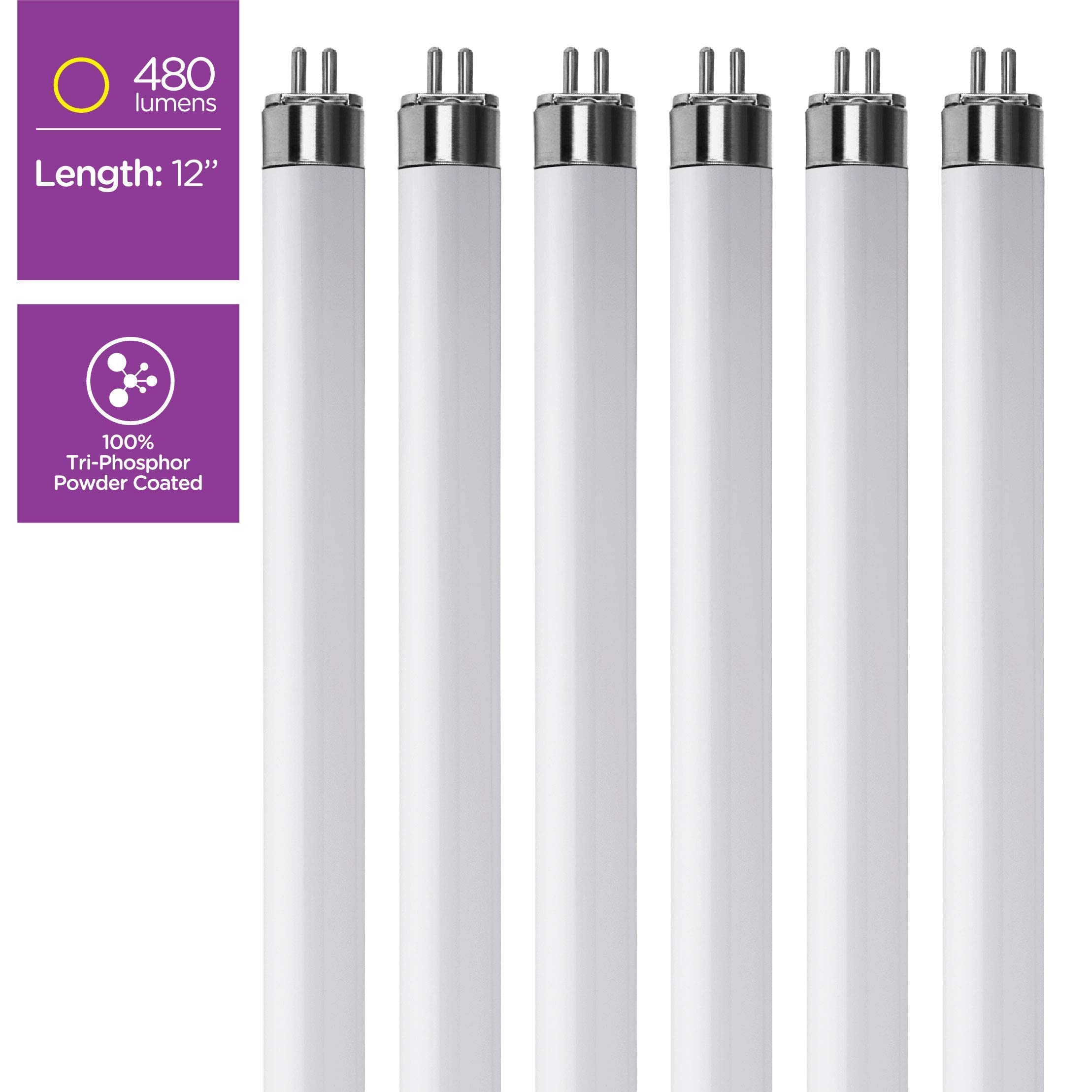 KOR T5 Fluorescent Light Bulbs - 8 Watt, 4100K Cool White, 12in - Pack of 6