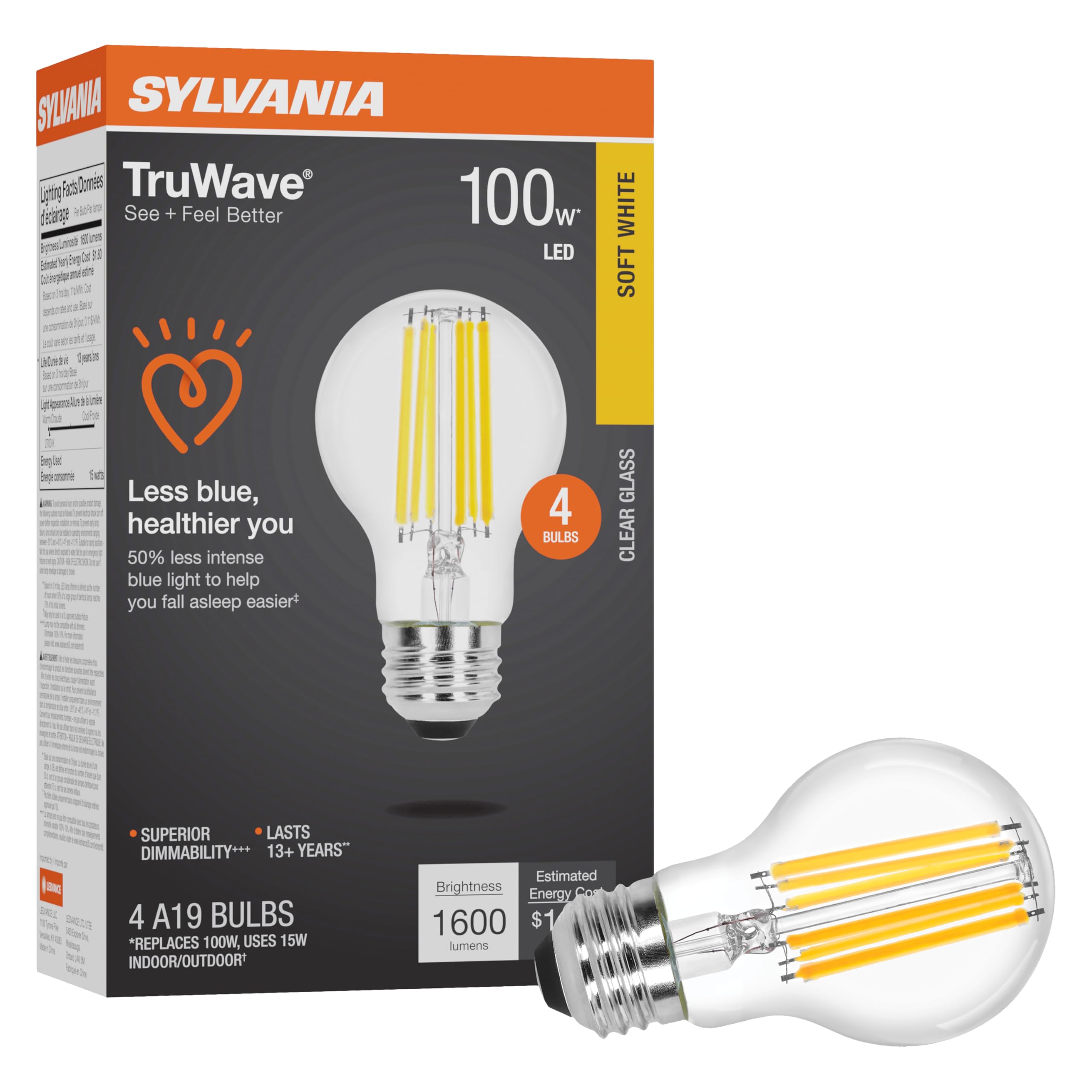 Sylvania Led Truwave Natural Series A19 Light Bulb, 100W Equivalent, Efficient 15W, 1600 Lumens, Medium Base, Dimmable, Clear, 2