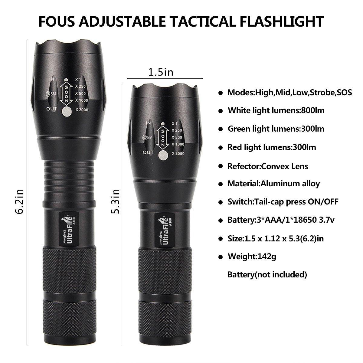 ULTRAFIRE A100 2 Pack LED Flashlight, 800 Lumen, 3 Color Modes, Zoomable, Aluminum, Black